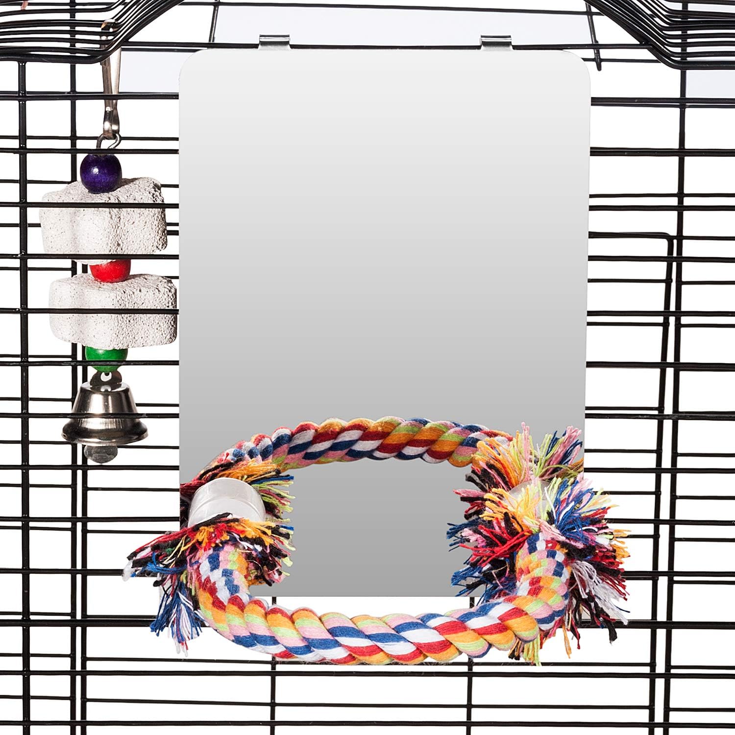 Detalle 2 de Colorday 18 cm Edelstahl Vogel Spiegel mit Seil Perch – Vielfältiges Vogelspielzeug aus rostfreiem Stahl