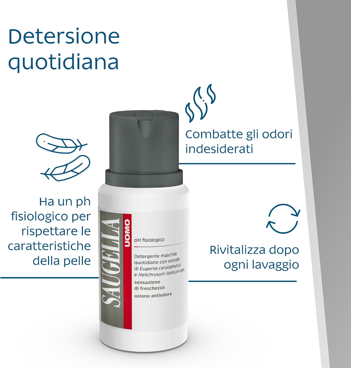 Detalle de Saugella Uomo Detergente Intimo e Corpo Rivitalizzante (200 ml) – ph fisiologico, con elicrisio e chiodi di garofano