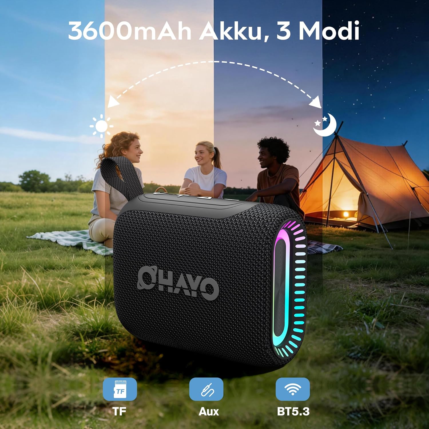 Thumbnail 2 de OHAYO Mini Bluetooth-Lautsprecher mit RGB-Licht – IPX7, 24h Akku, 10 W, Stereo-Paarung