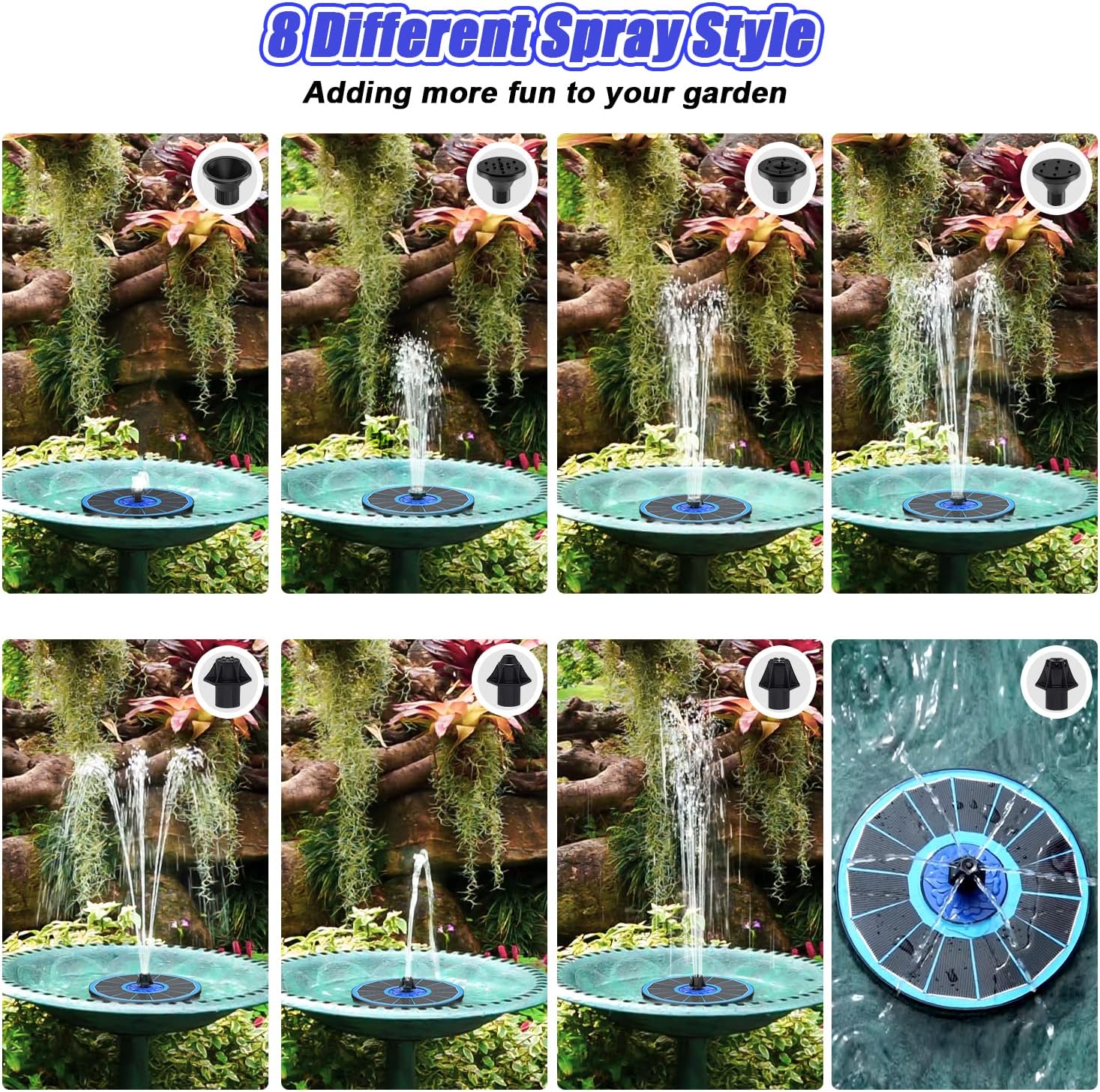 Detalle de SZMP Solar Fountain Upgrade: 3.5W Solar Powered Bird Bath Fountain with 7-in-1 Nozzles