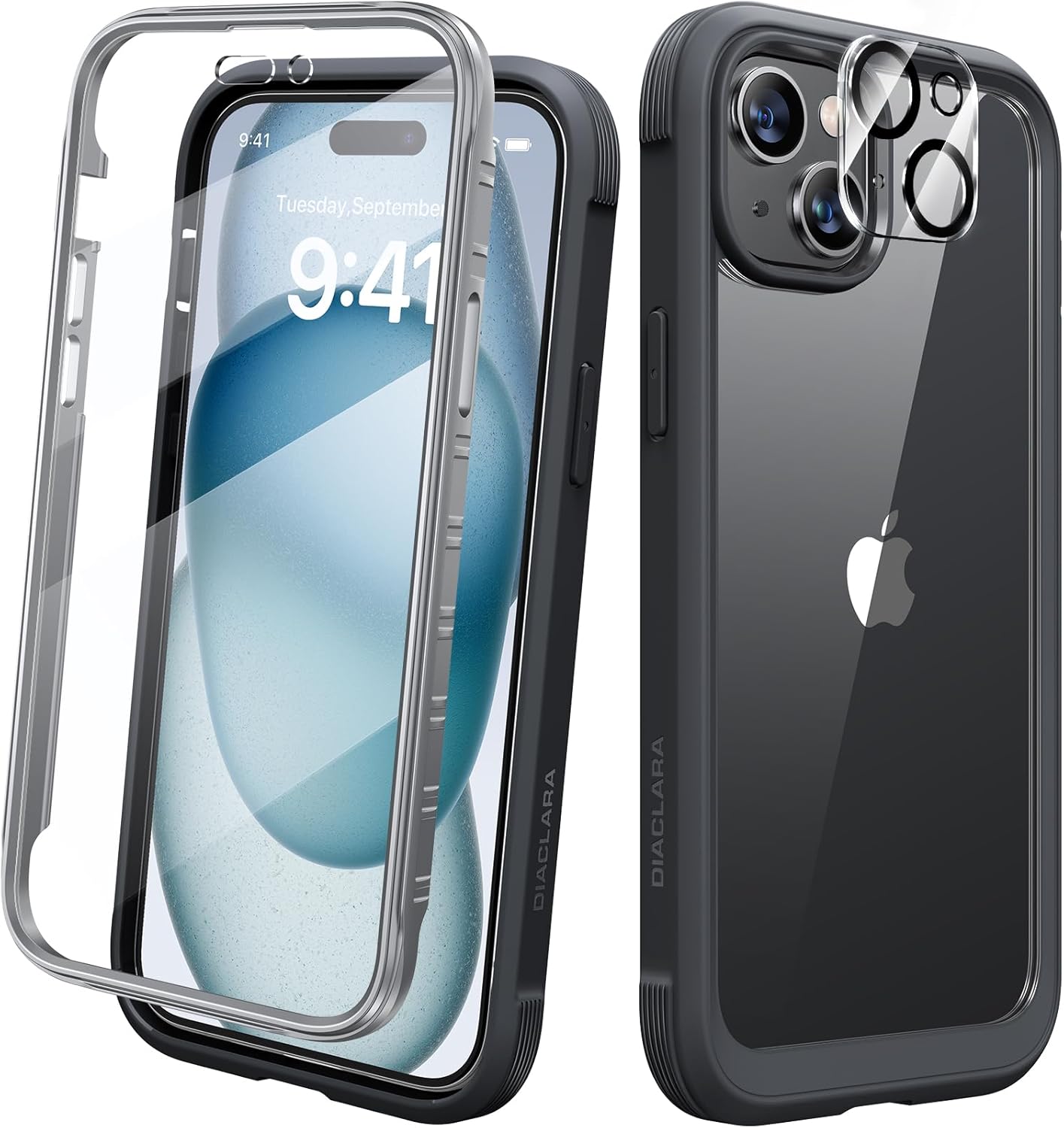 Detalle de Diaclara 360° Hülle für iPhone 15 – Militärschutz, integrierter Displayschutz & Kameraschutz (Schwarz)