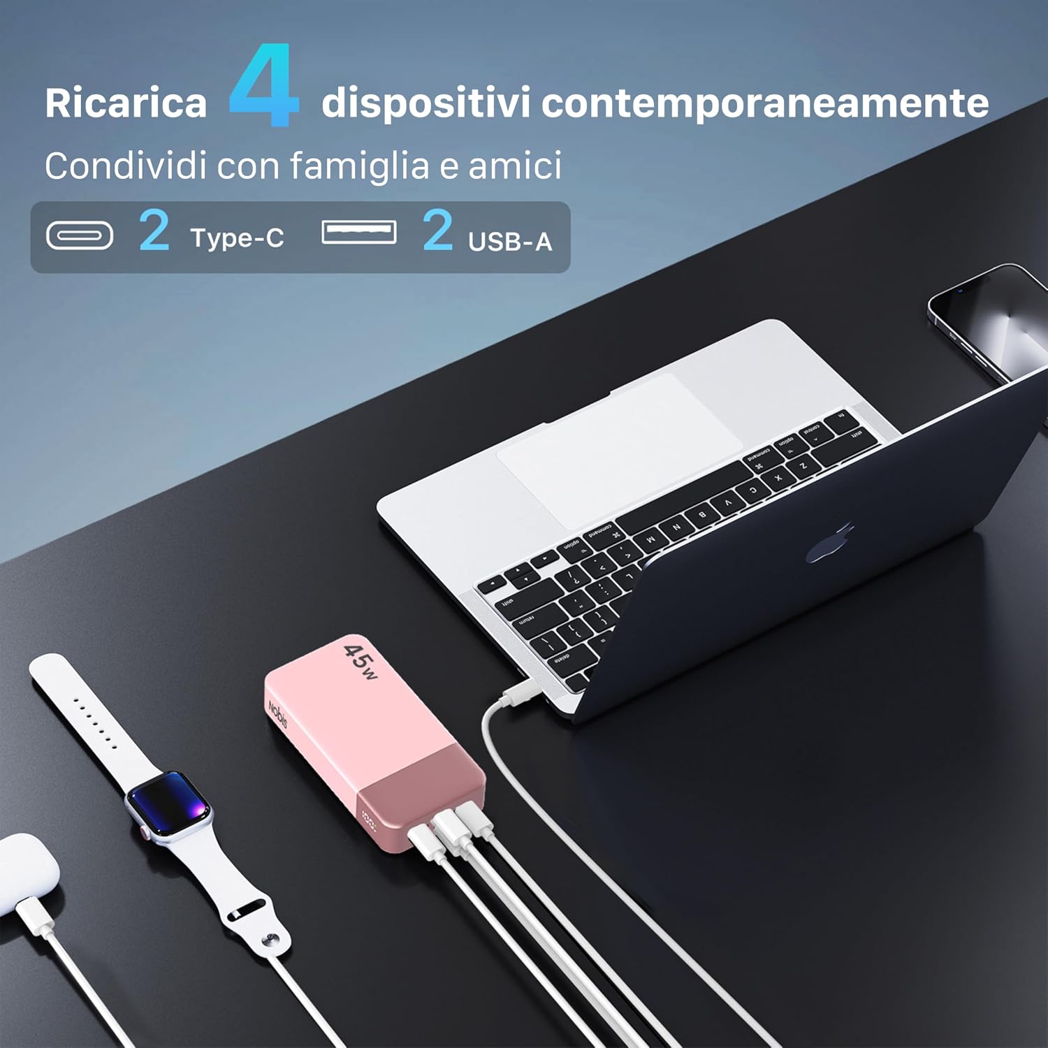 Detalle 2 de NOBIS Power Bank 20000mAh 45W: ricarica bidirezionale USB-C 4 porte, display LED – Rosa