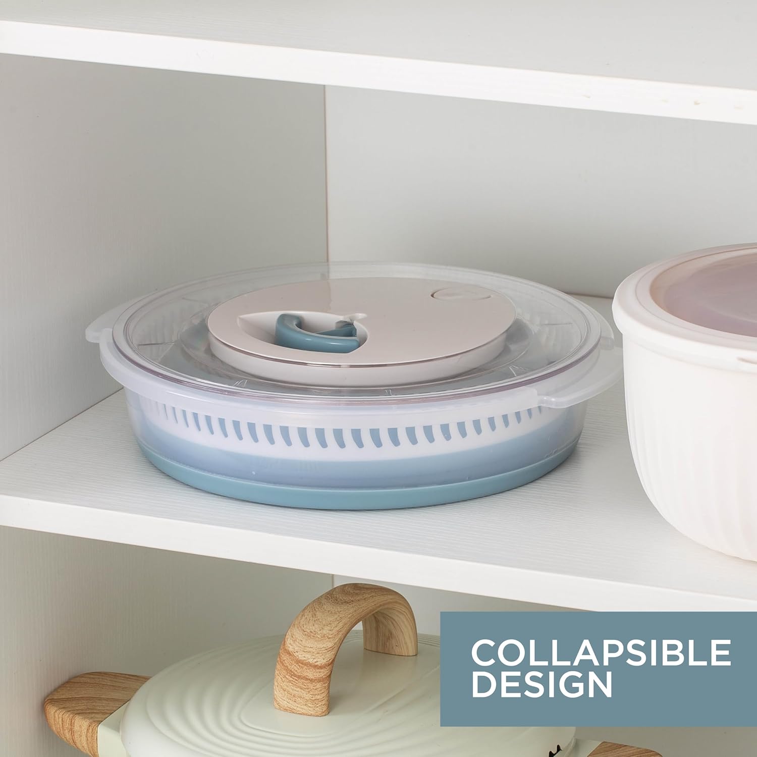 Detalle de COOK WITH COLOR Collapsible Salad Spinner – 4 Qt Space-Saving Lettuce Dryer with Folding Colander (Blue)