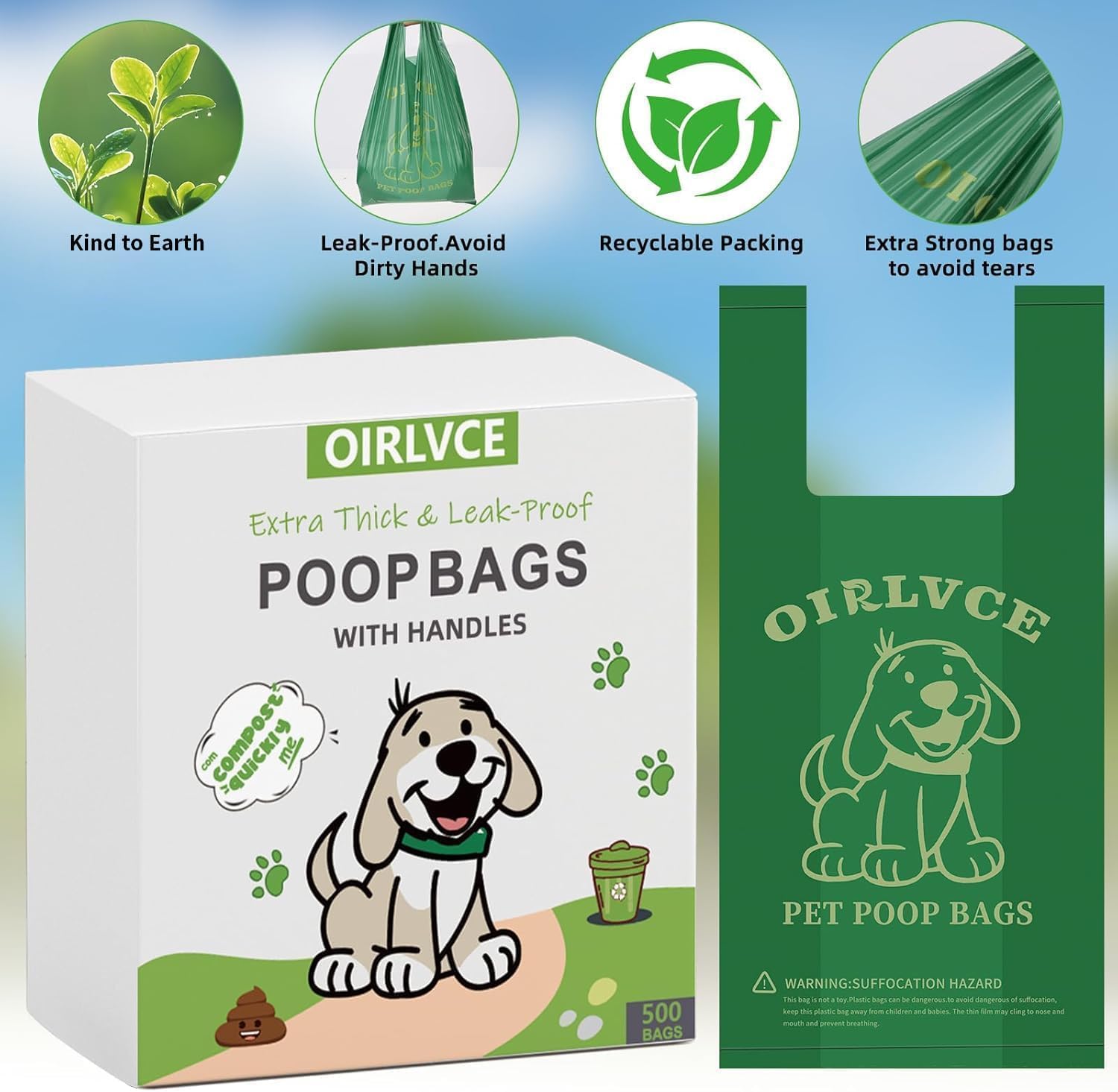 Detalle 2 de OIRLVCE 500 Dog Poop Bags with Handles – Extra Thick, Leak-Proof and Lavender Scented