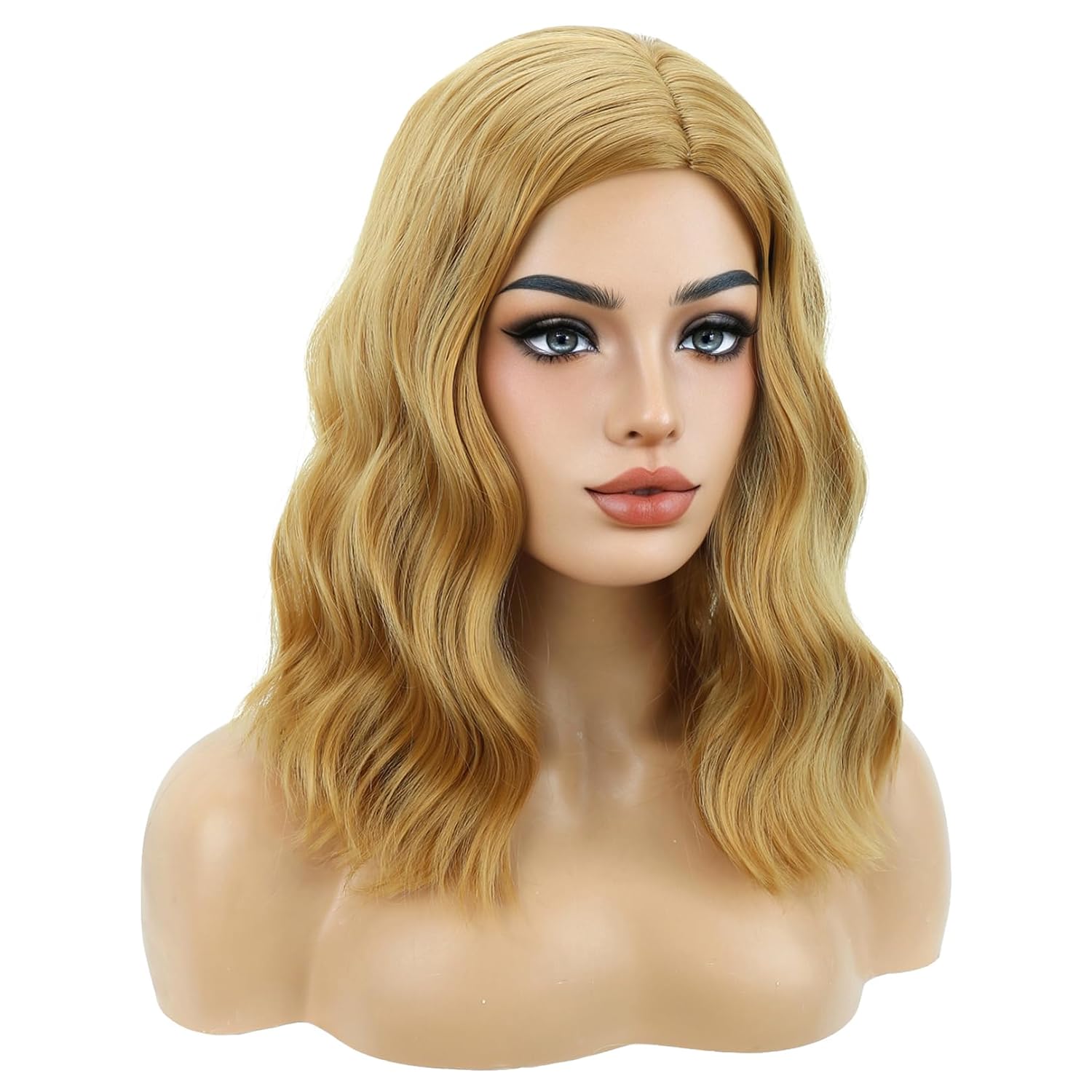 Detalle de BERON Strawberry Blonde Synthetic Wig, Shoulder-Length Waves, Adjustable Cap