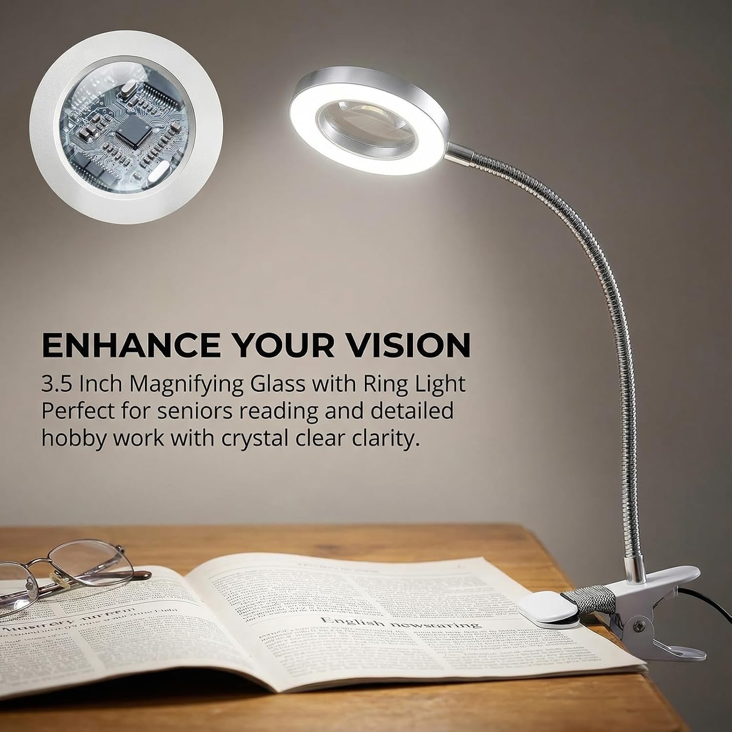 Detalle de Magnifying Glass with Light and Stand, 10X Magnifiers Lamp with Clamp (Silver)