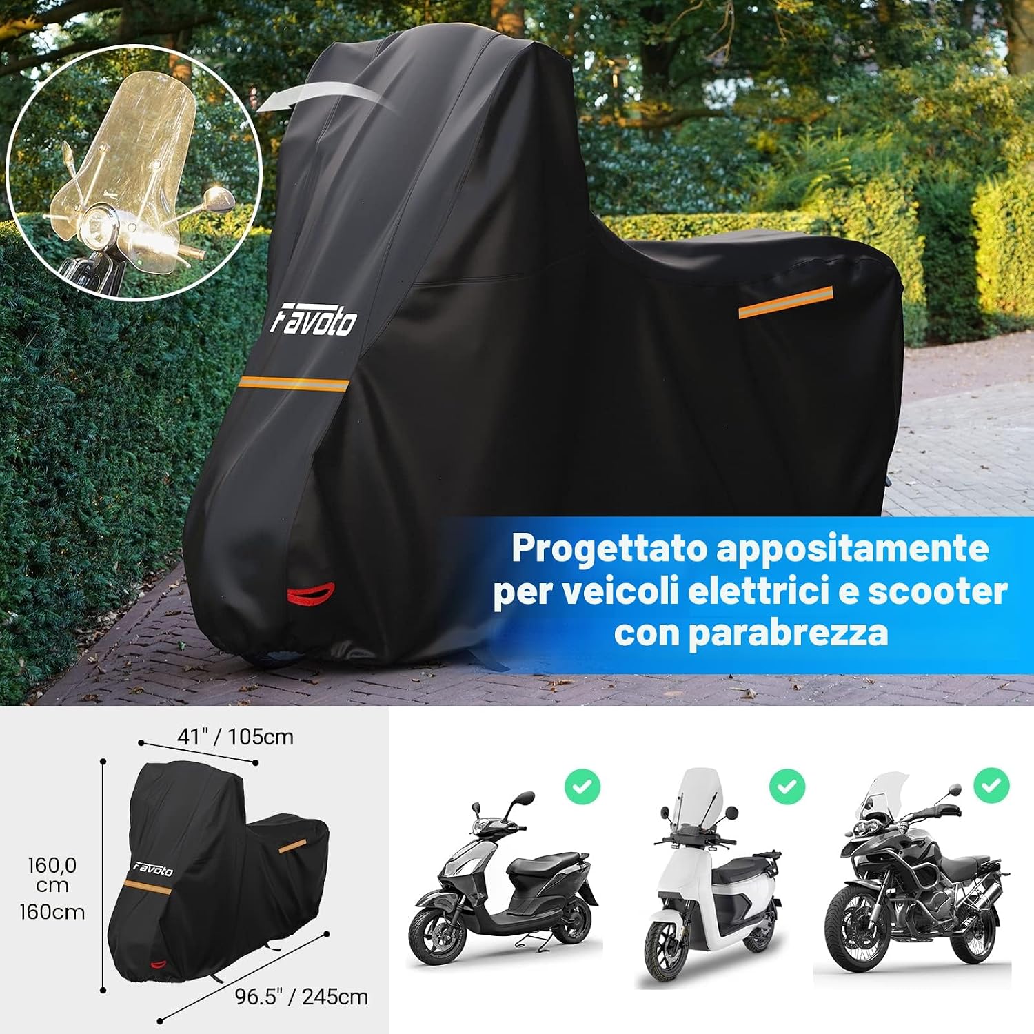 Thumbnail 3 de Favoto Telo Coprimoto 210D per Moto con Parabrezza Alto – Protezione completa 245x105x160 cm
