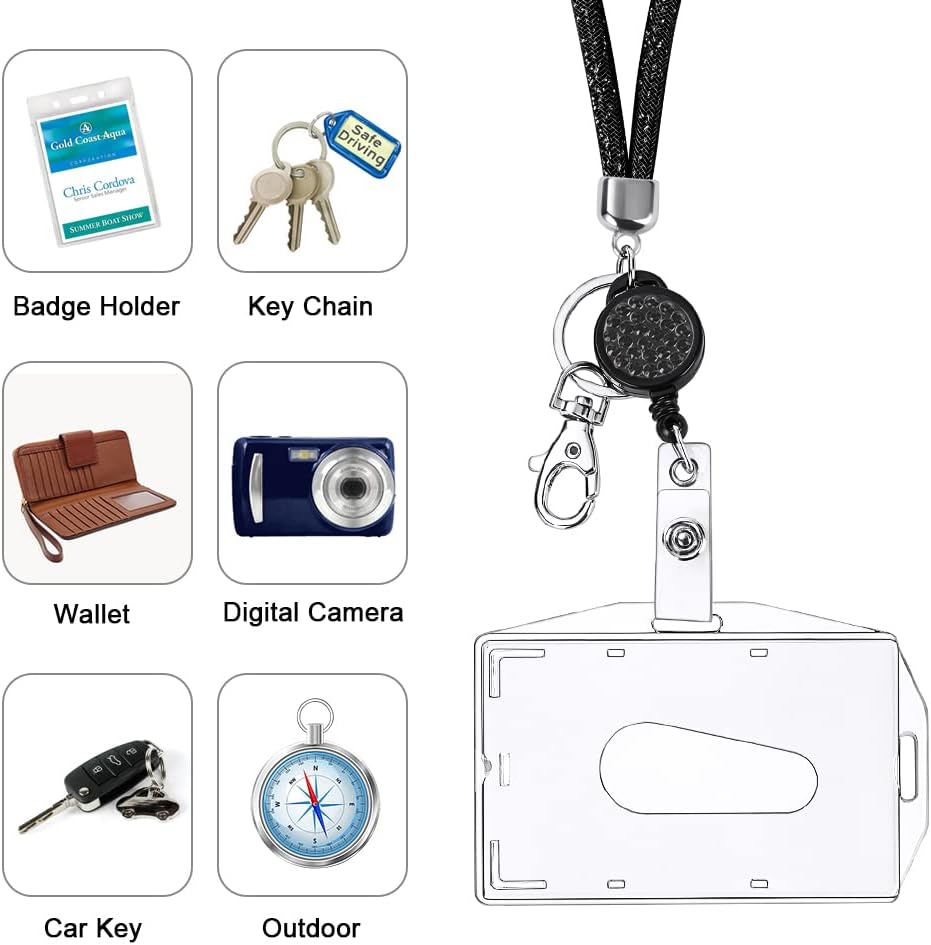 Thumbnail 4 de Vicloon Lanière Collier en Cristal avec Porte-Badge Rétractable – Noir