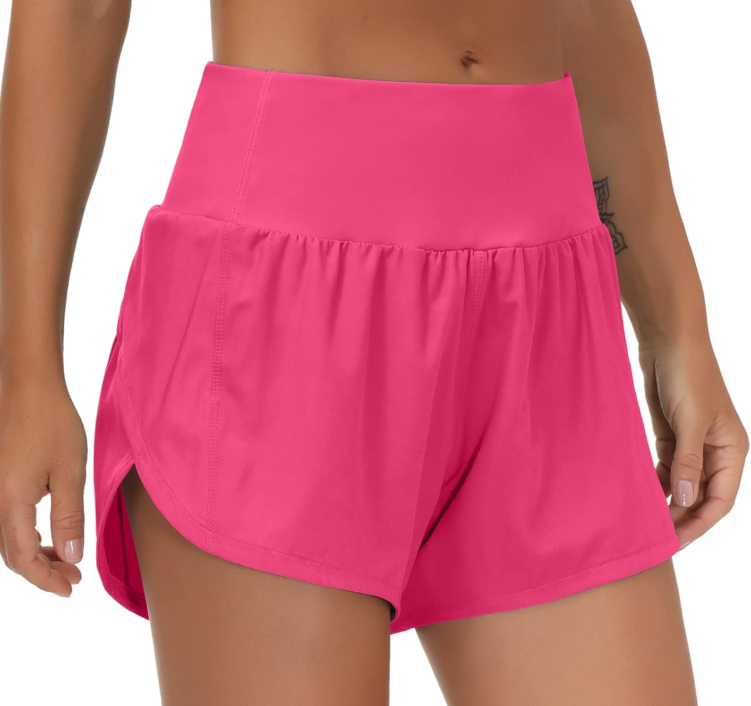Detalle de THE GYM PEOPLE Women's High Waisted Running Shorts with Mesh Liner and Zipper Pockets