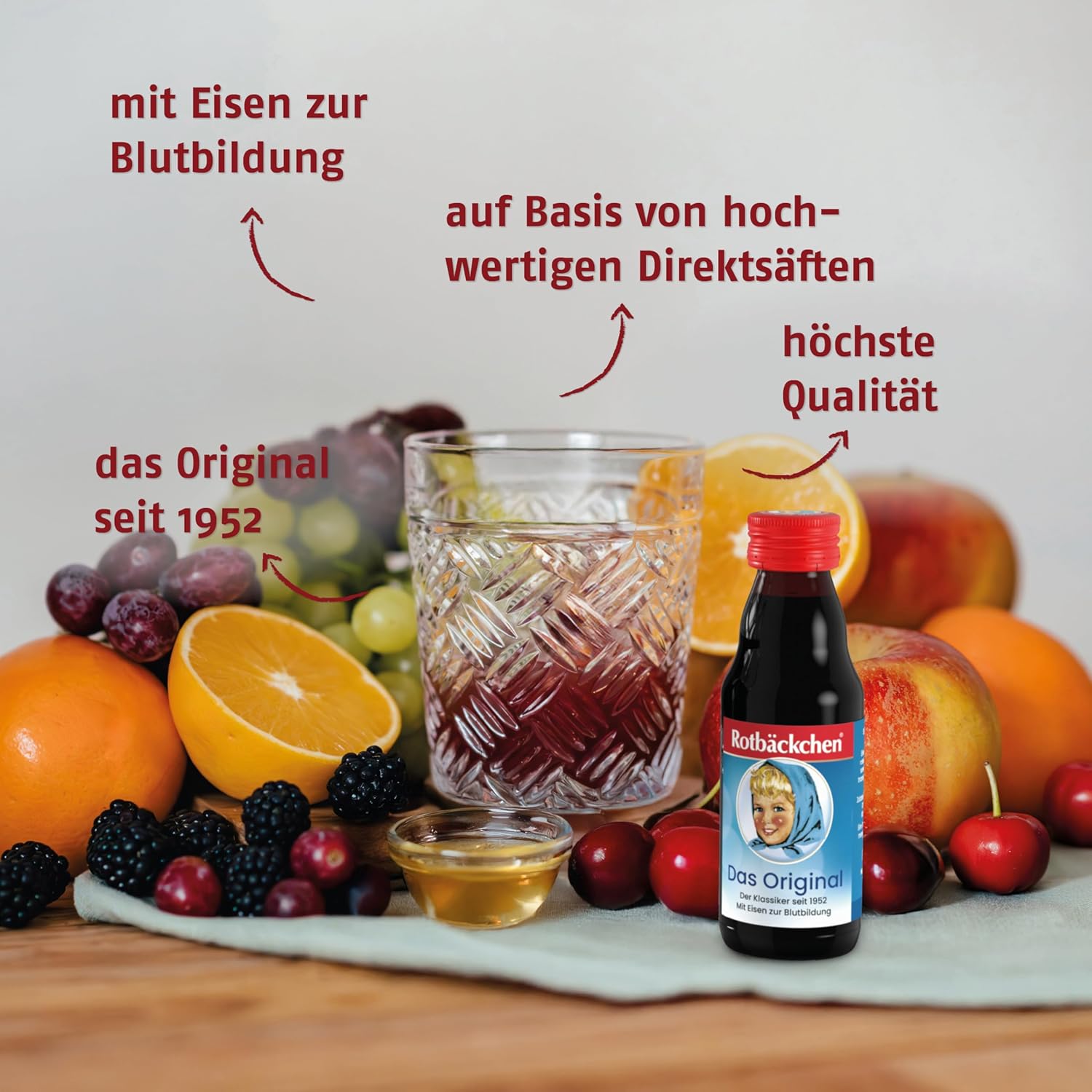 Detalle de ROTBÄCKCHEN Das Original MINI 24er Pack – 24 × 125 ml Saft mit 99 % Mehrfruchtsaft, Honig und Eisen