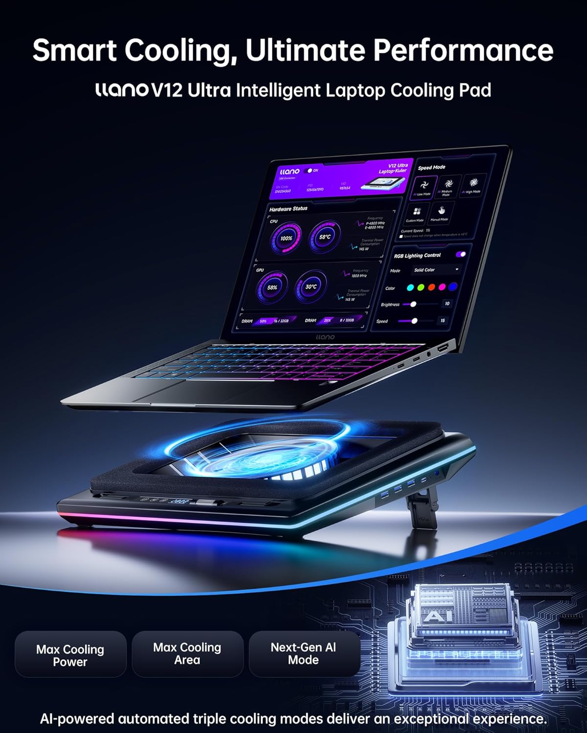 Thumbnail 1 de llano V12 Ultra Laptop Cooling Pad 5.5" with RGB
