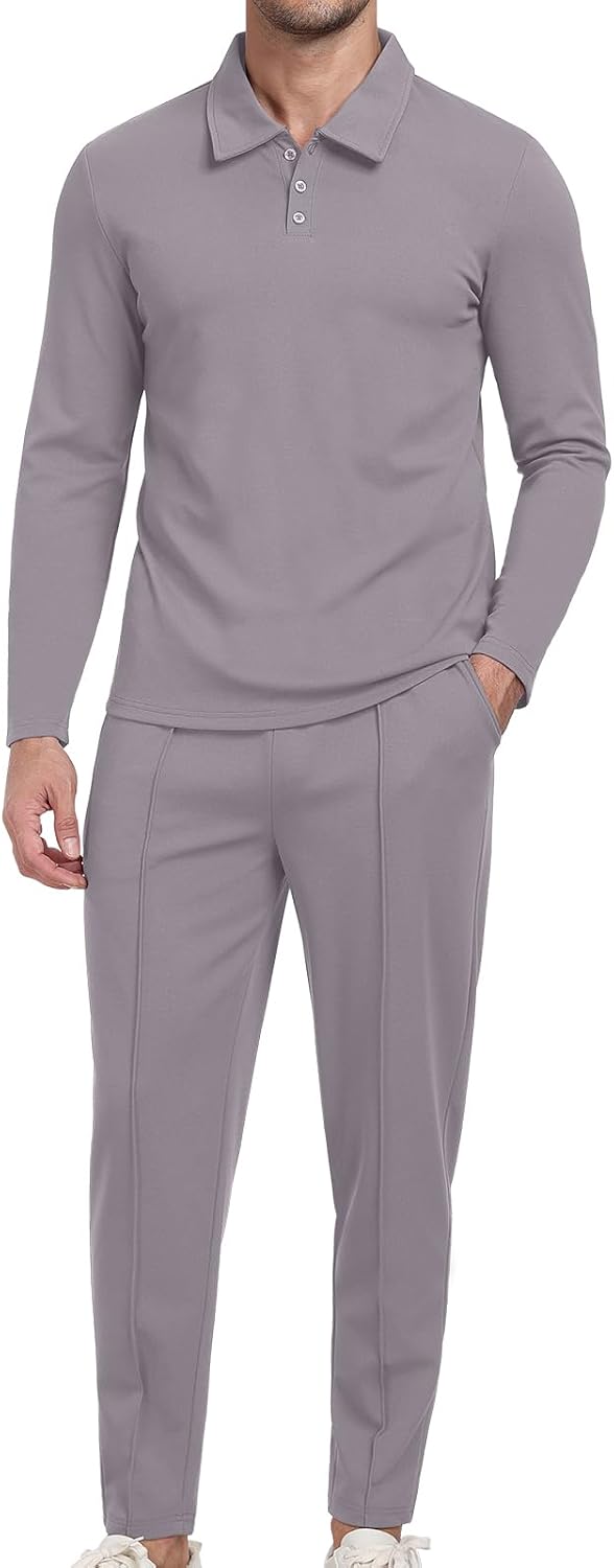 Detalle de KUYIGO Men's Tracksuits Polo 2 Piece Outfit – Polo neck, waffle knit, 2-piece tracksuit