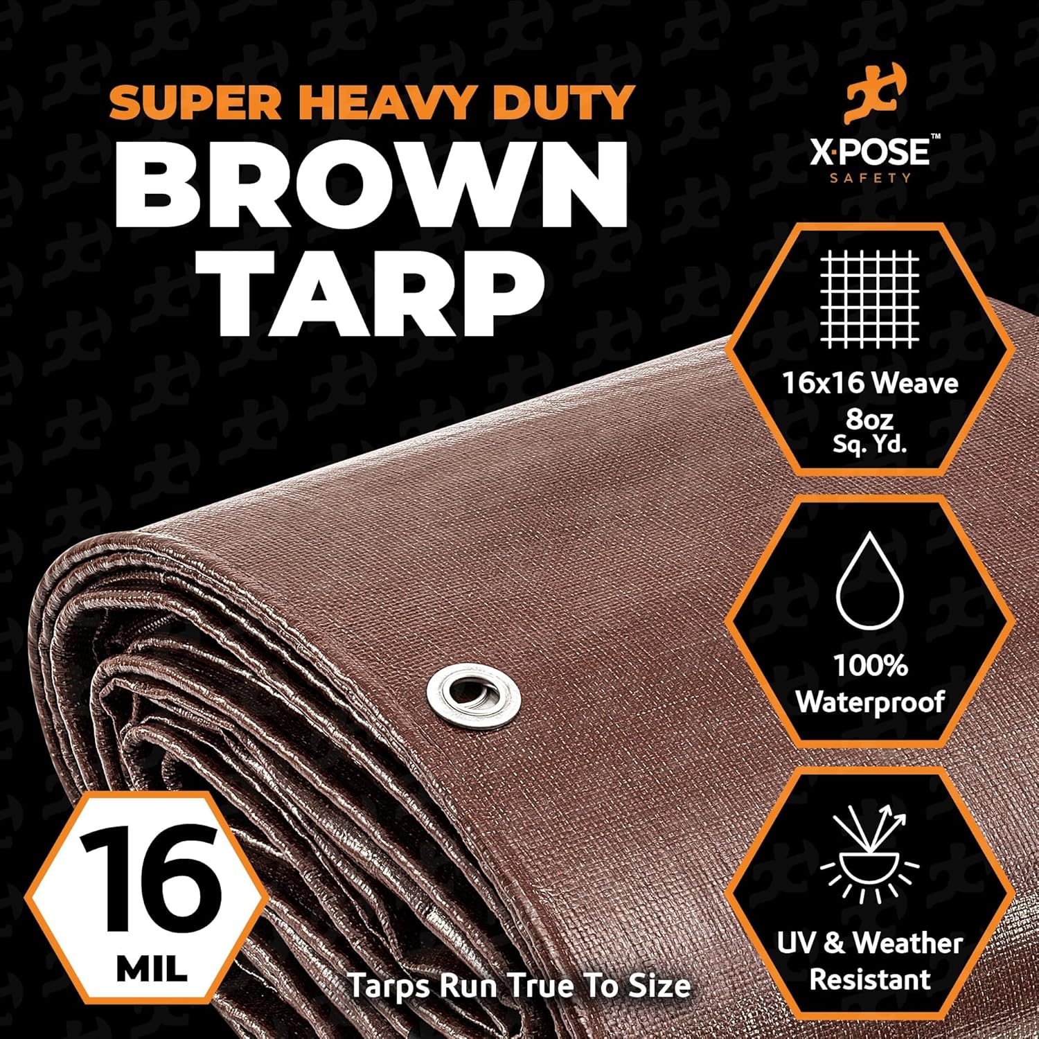 Detalle de Xpose Safety 4x20 ft Poly Tarp: 16 mil, UV-Resistant, Reinforced Brown Poly Tarp