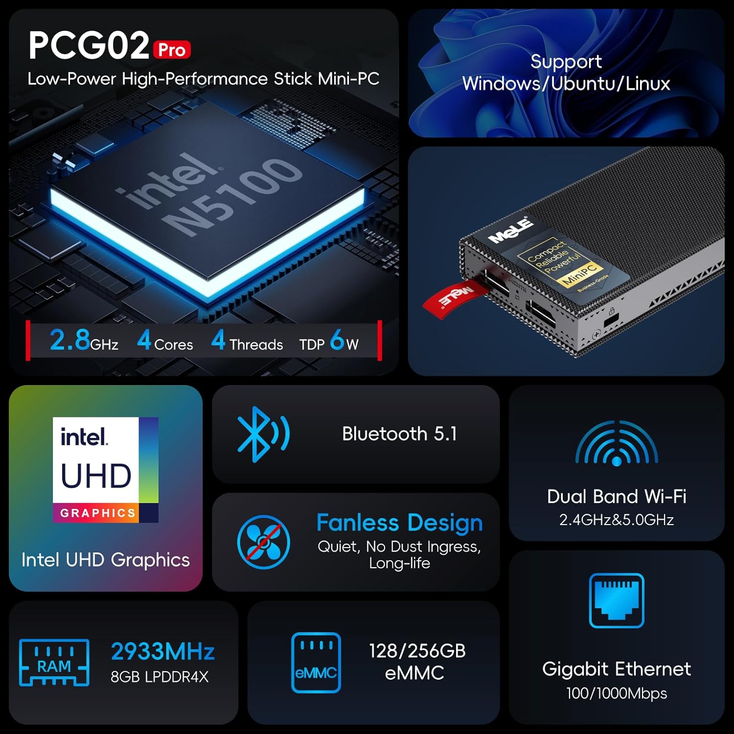 Detalle de MeLE PCG02 Pro N5100 Fanless Mini PC Stick: 8GB RAM, 256GB, Dual HDMI, USB PD3.0
