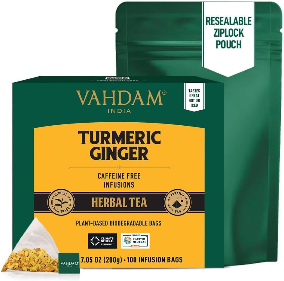 Detalle de VAHDAM Tisana Allo Zenzero e Curcuma (100 Bustine Piramidali) Senza Caffeina