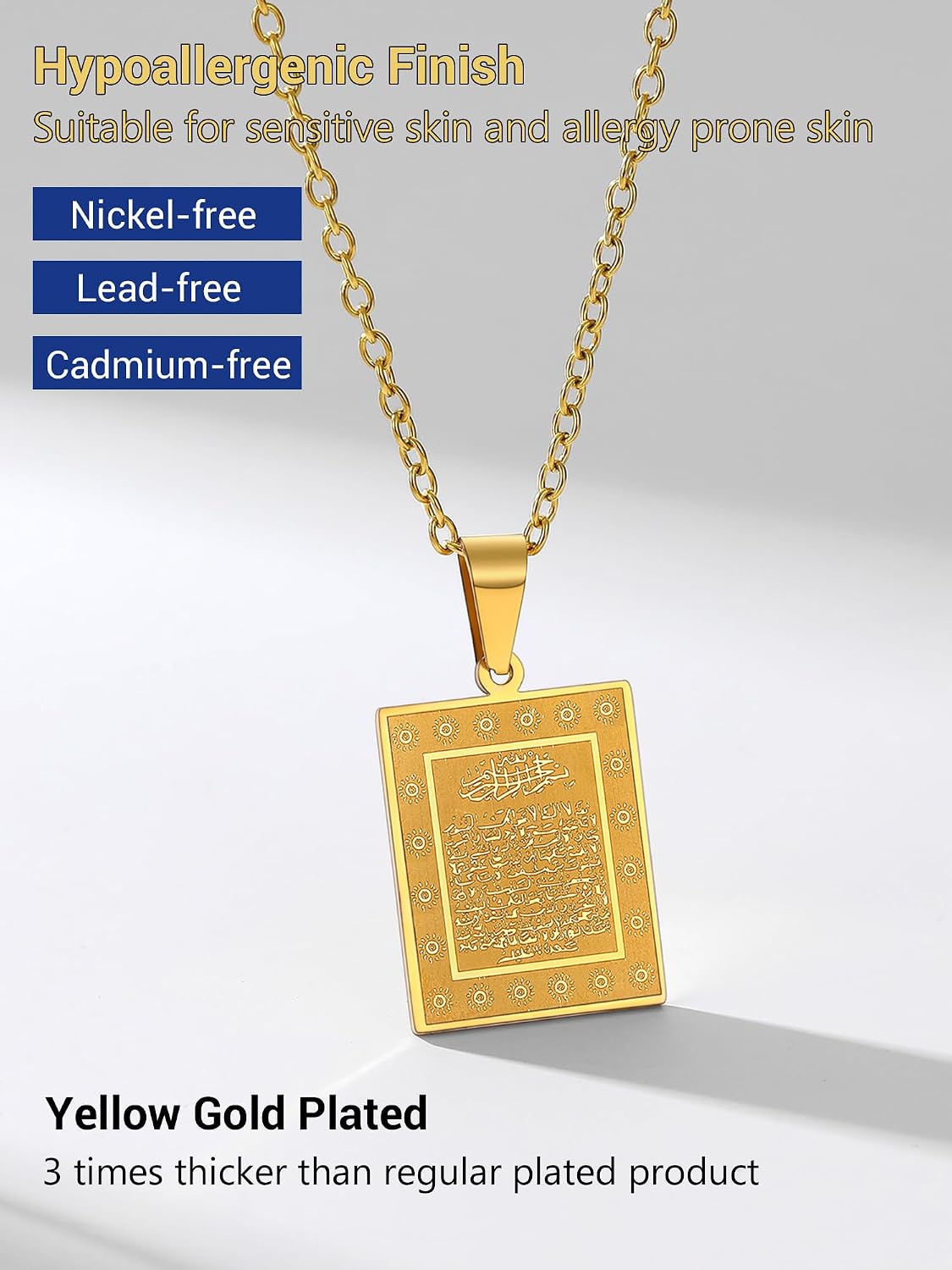 Detalle de PROSTEEL Collana Pendente “Muhammad Allah” con Corano, catena regolabile 50–60 cm in acciaio inox/placcato oro 18K
