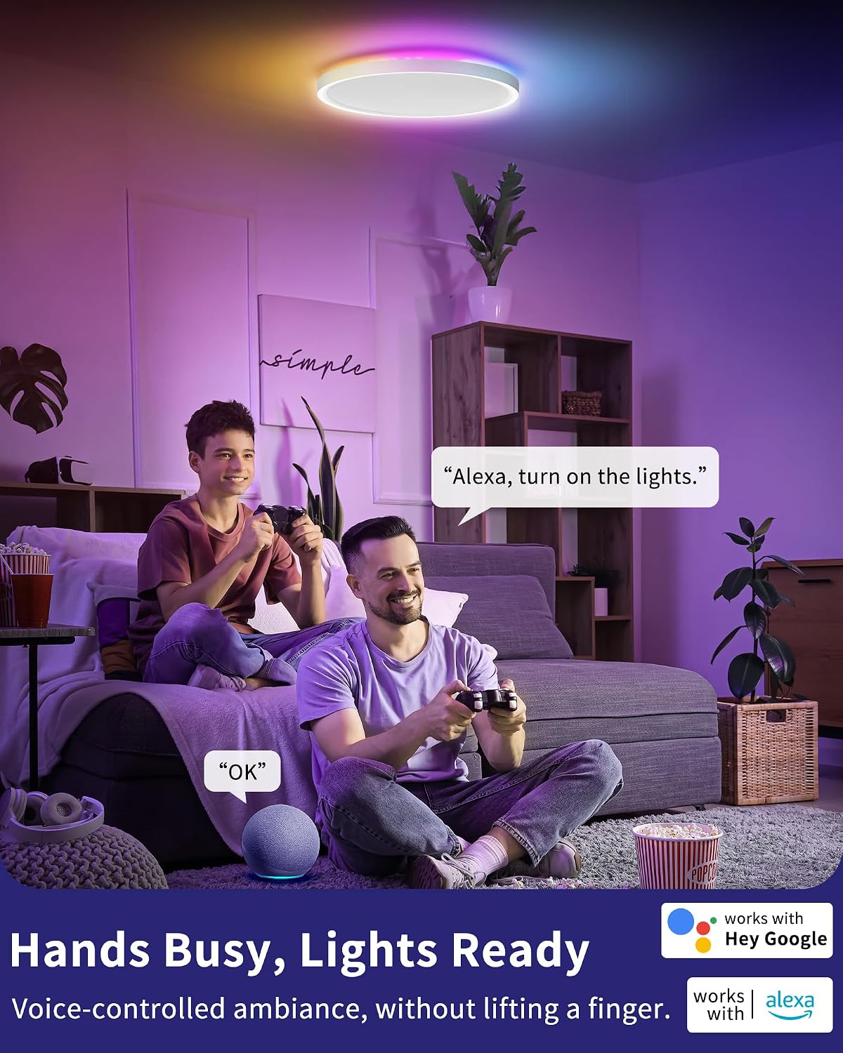 Detalle 2 de LuminexDesigns Plafón LED Inteligente 24W regulable con mando y WiFi: luz RGB ultrafina para salón y dormitorio