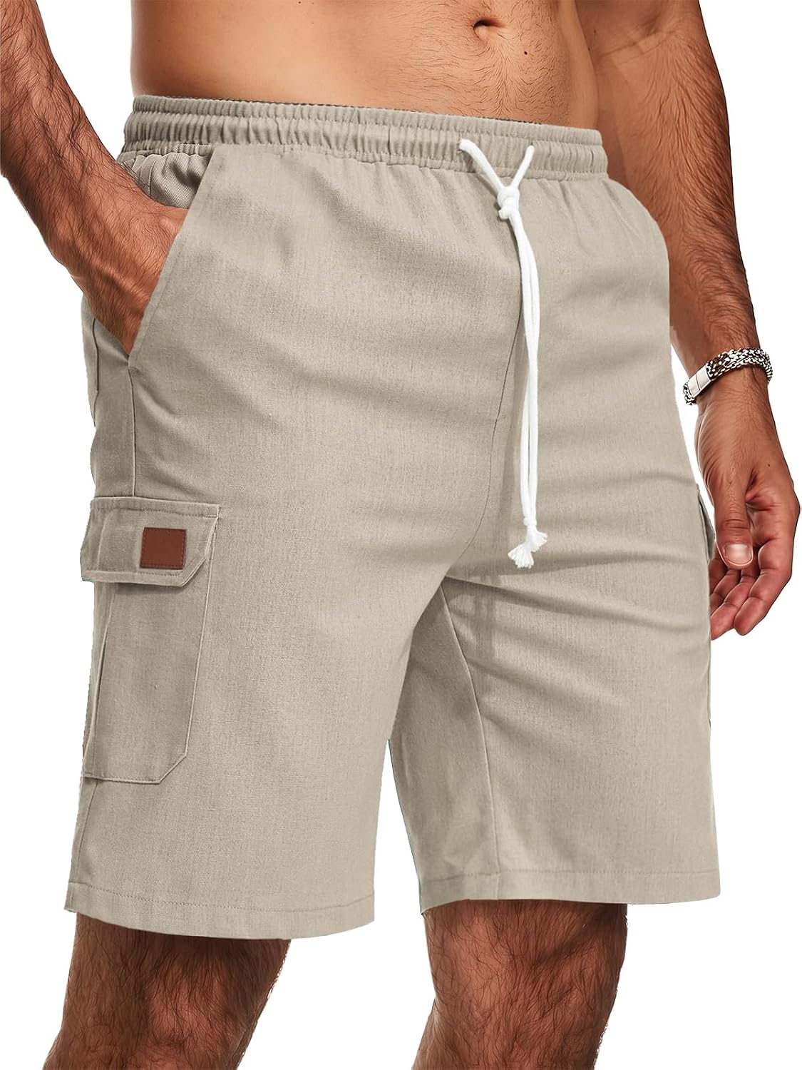 Detalle de Zetieny Herren Leinen Shorts Casual Sommer – Atmungsaktiv, elastischer Bund & praktische Taschen