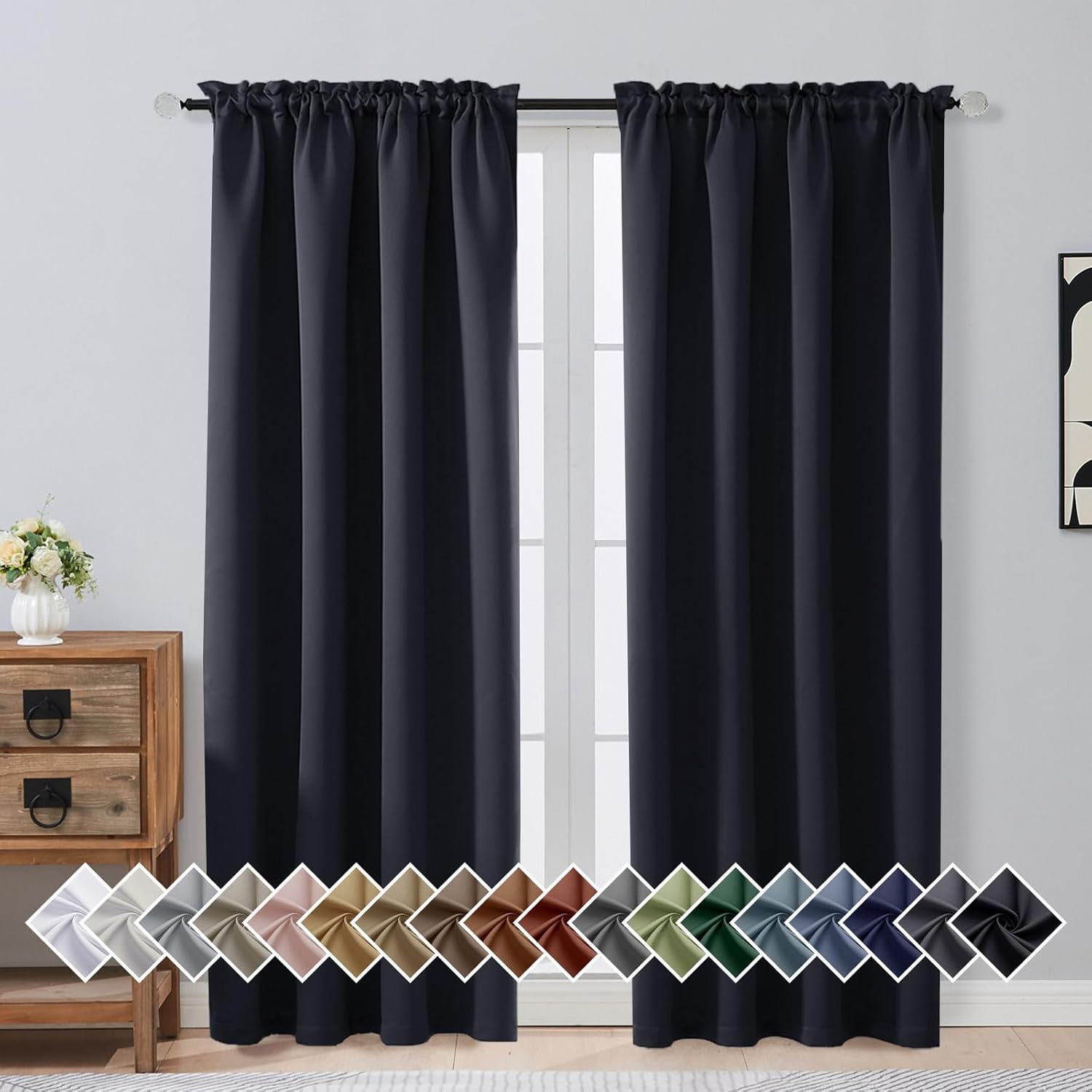 Detalle de OVZME Blackout Curtains for Bedroom, 72-Inch Length, 2 Panels (80" Total Width) in Black