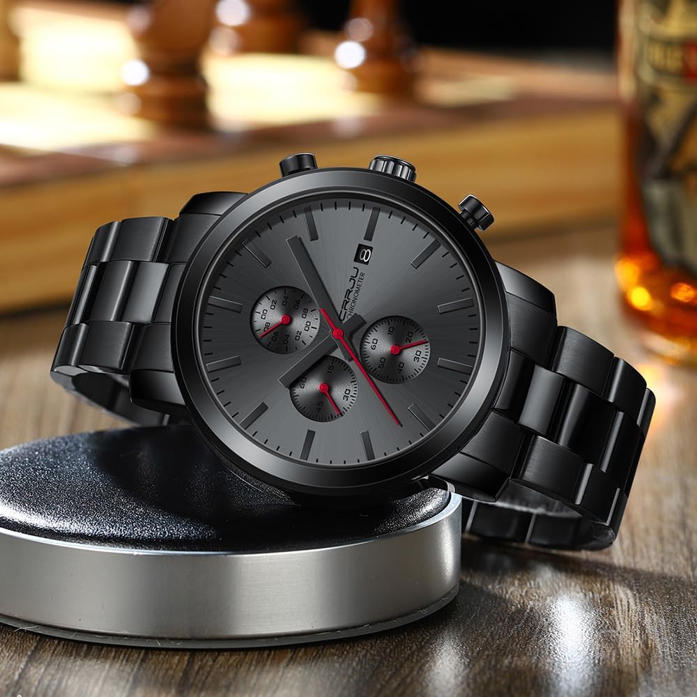 Detalle de CRRJU Herren Chronograph Schwarz Edelstahl – Quarz, Datum, Stoppuhr, 45 mm