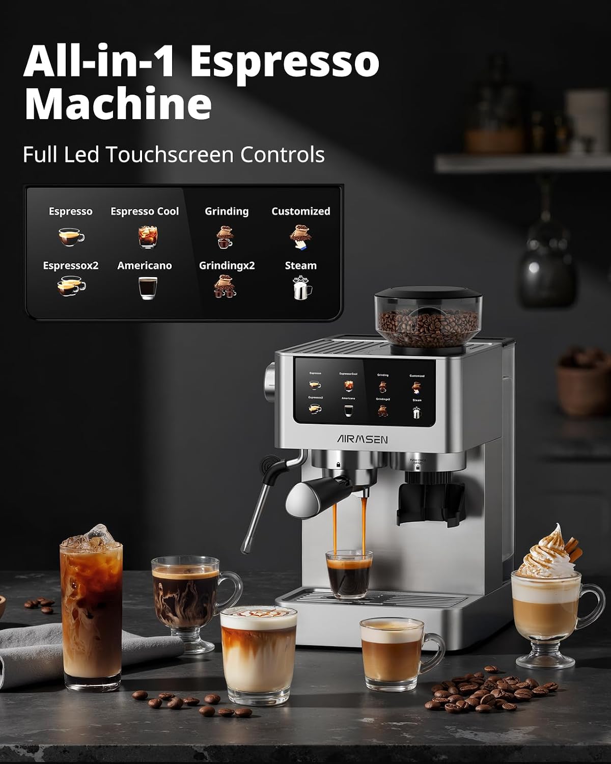Thumbnail 1 de Airlmsen Bean to Cup Coffee Machine with Grinder & Milk Frother (20 bar) for home