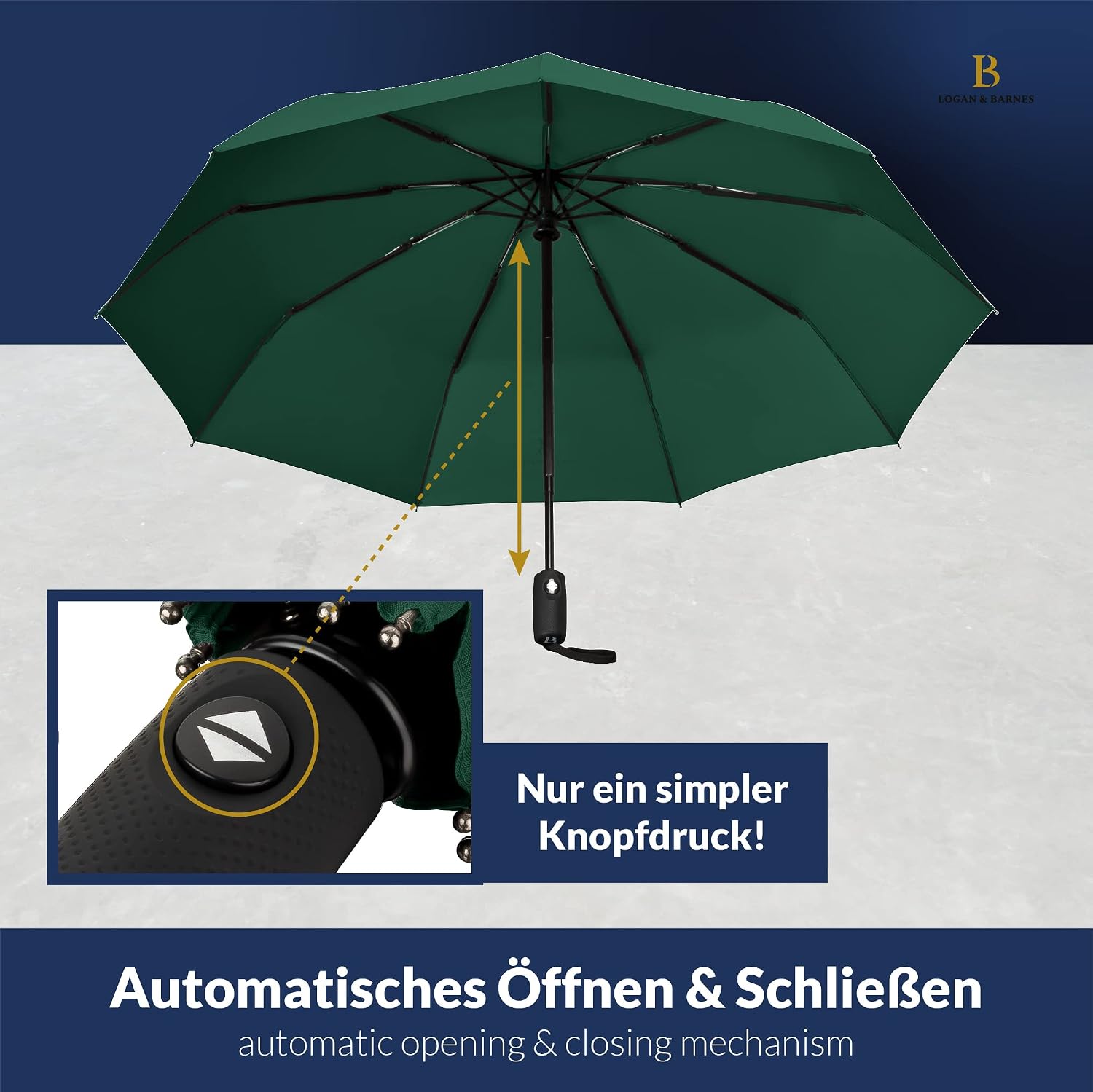 Detalle de LOGAN & BARNES Boston Taschenschirm sturmfest bis 140 km/h mit Auf-Zu-Automatik und Teflon-Beschichtung