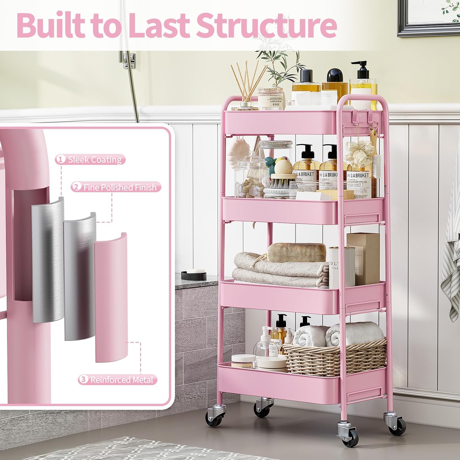 Detalle de TOOLF 13106 4-Tier Metal Rolling Cart, Pink with Locking Wheels