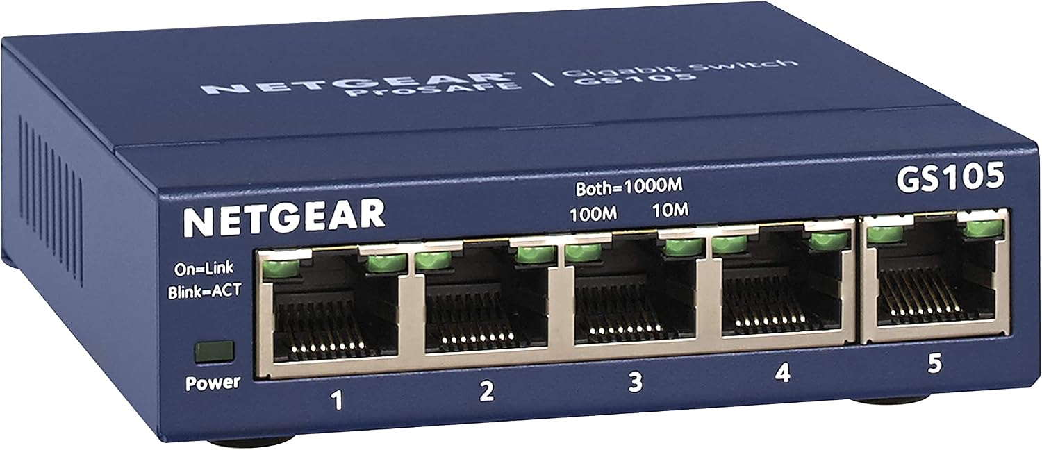 Detalle de NETGEAR GS105GE – 5-Port Gigabit Switch mit Plug-and-Play, lüfterloses Metallgehäuse