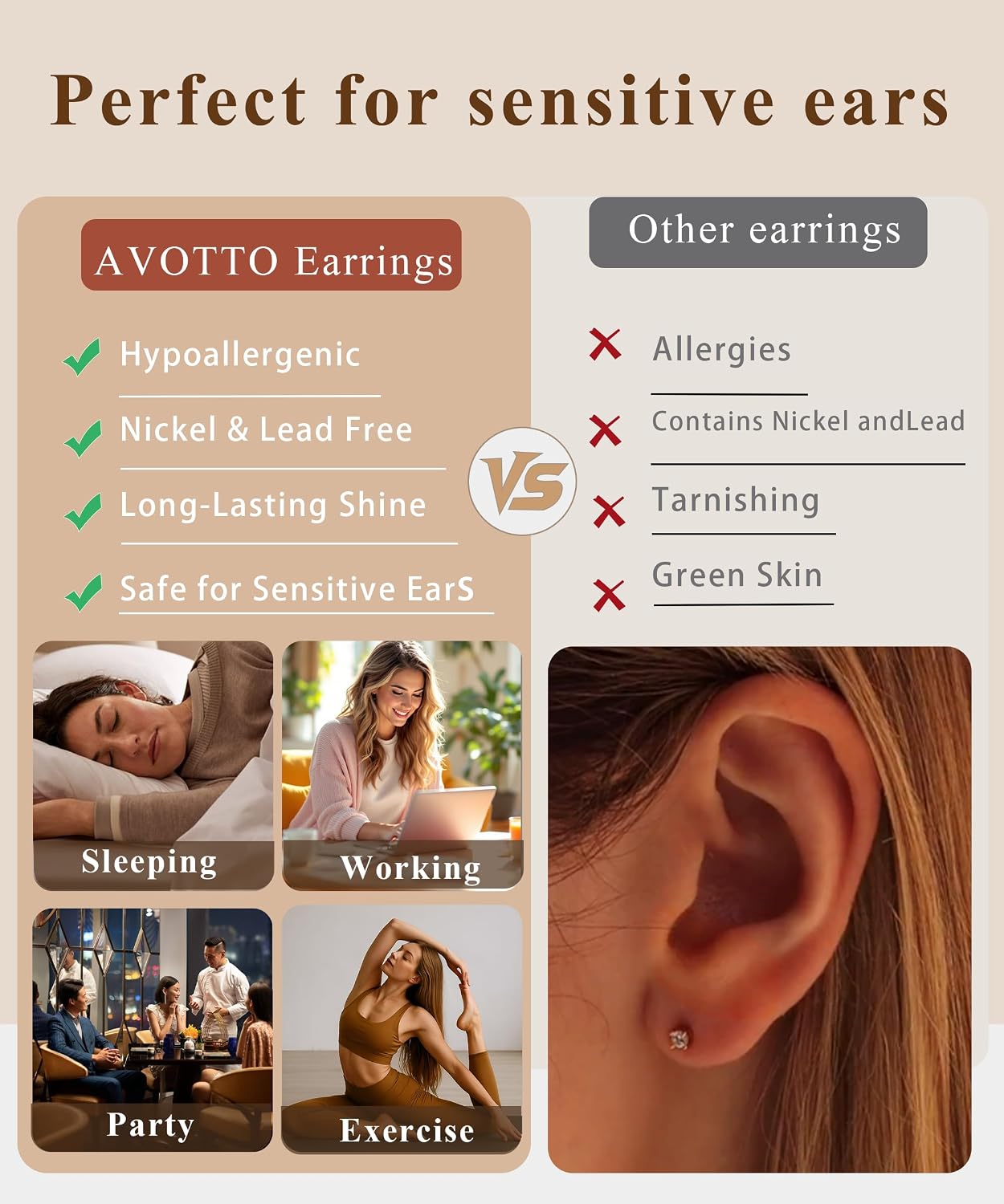 Detalle de AVOTTO 3 Pairs S925 Silver Earrings – Small Huggie Hoop Set
