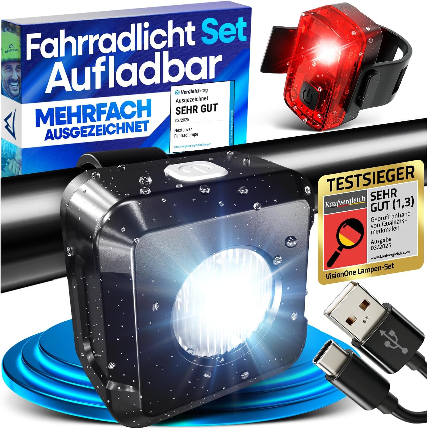 Detalle de NEXTCOVER Fahrradlicht Set mit VisionOne LED – USB-C aufladbar, wasserdicht, StVZO-zugelassen