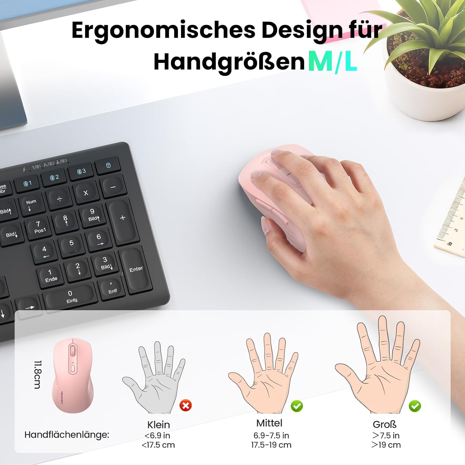 Thumbnail 5 de TECKNET Bluetooth Maus – Wiederaufladbar, 4800 DPI, leise und flexibel (BT 5.0/3.0 + 2.4 GHz) – Rosa