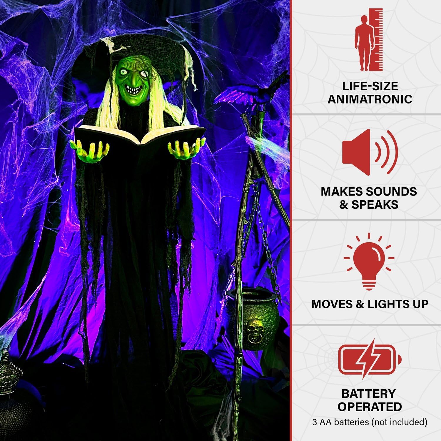 Detalle 2 de Haunted Hill Farm HHWITCH-9FLS Talking Witch Animatronic with Touch-Activated Lights