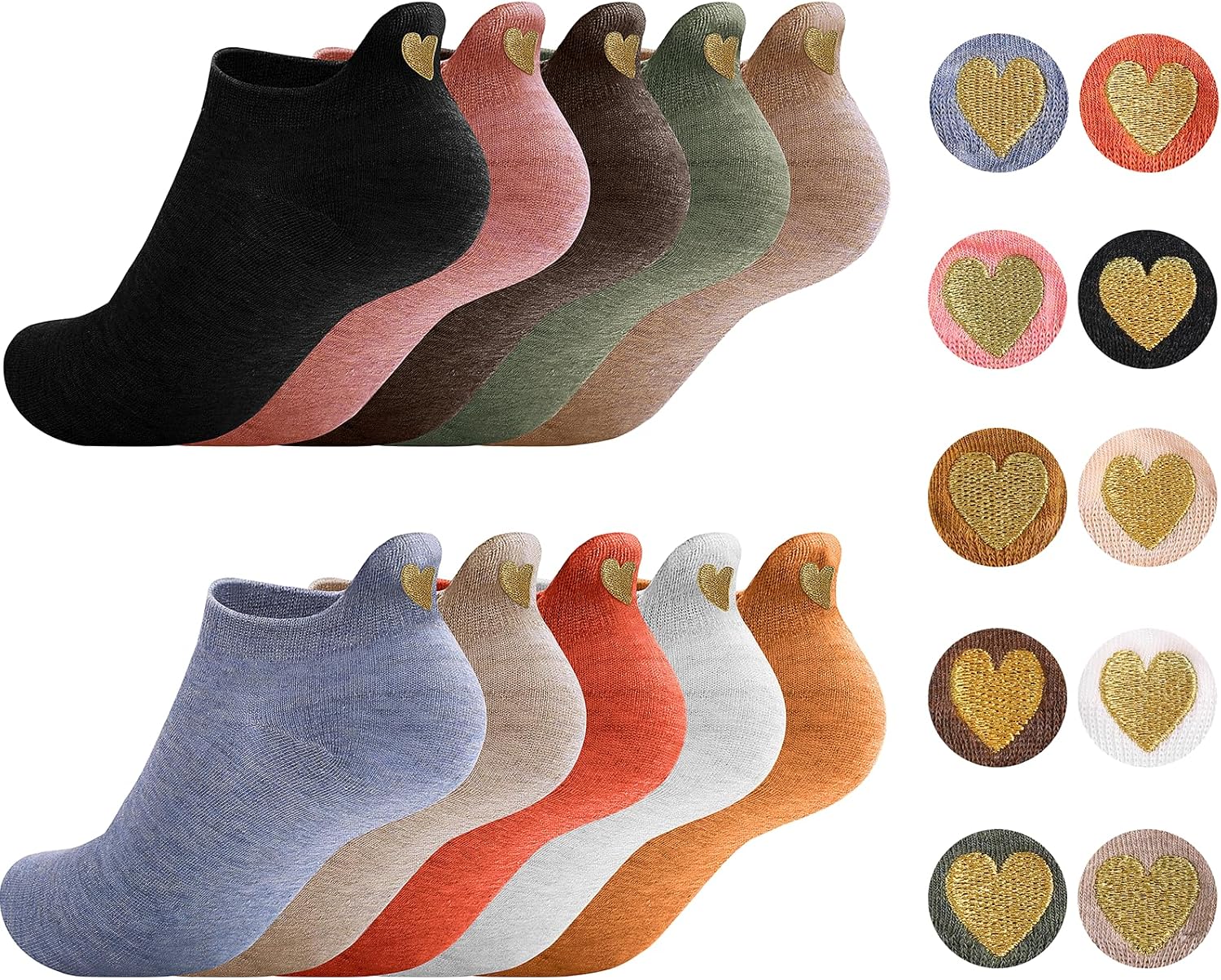 Detalle de Sporzin Sneaker Socken Damen (2 Größen: 35-38 & 39-42) – 10 Paar bunte Baumwollsocken mit Fersen-Stickerei