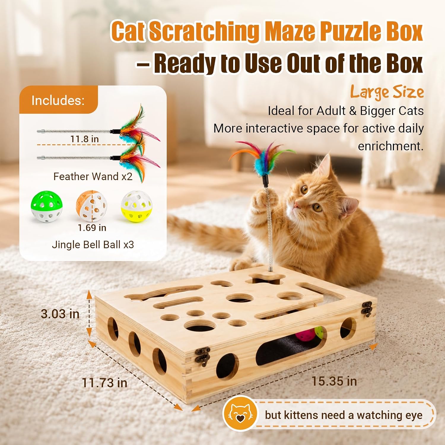 Detalle de UOPON CNFSB-0001 Cat Scratch Puzzle Box with Sandpaper, Feather Wands & Bell Balls