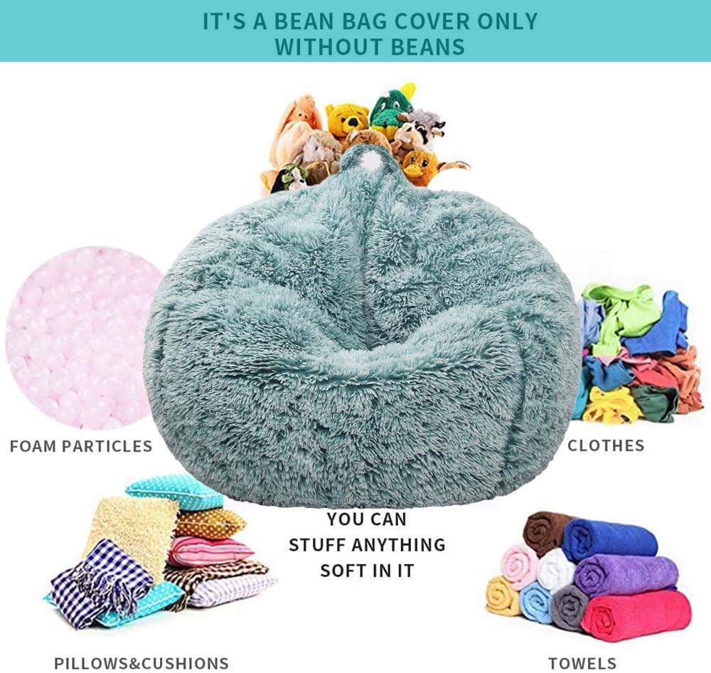 Detalle de Kisoy KQ-001DGreenS Stuffed Animal Storage Bean Bag Cover, Dark Green Faux Fur