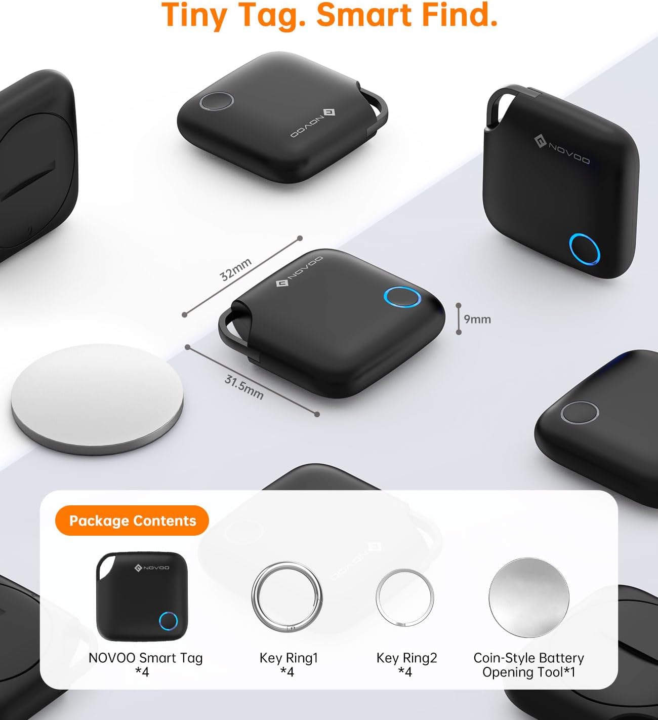 Detalle 2 de NOVOO Smart Tag for Apple Find My (iOS Only) – 4 Pack with Loud 80dB Alarm & Replaceable Battery