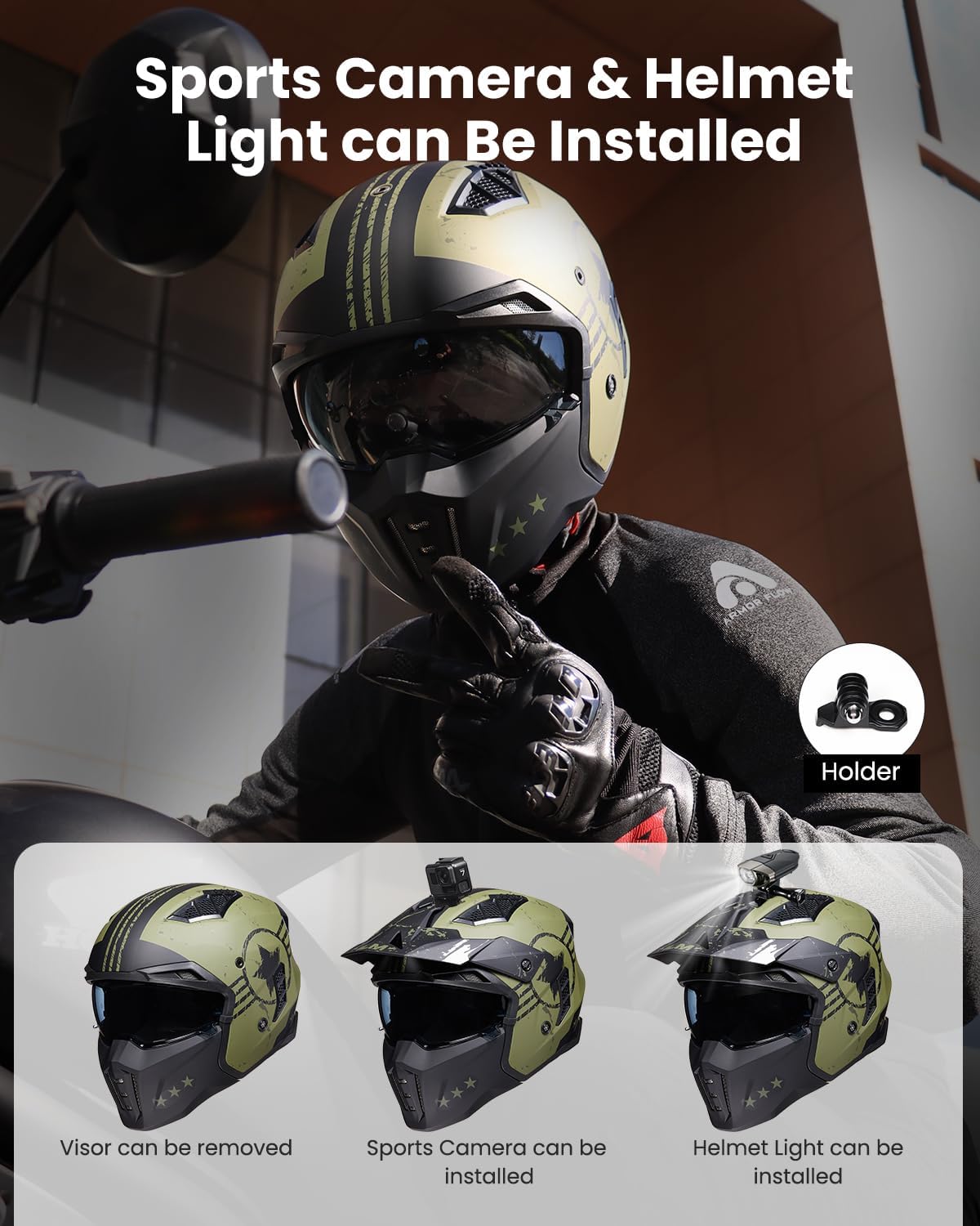 Detalle de ILM Z302 3/4 open-face motocross helmet with visor (Army Green) – ECE model, size S