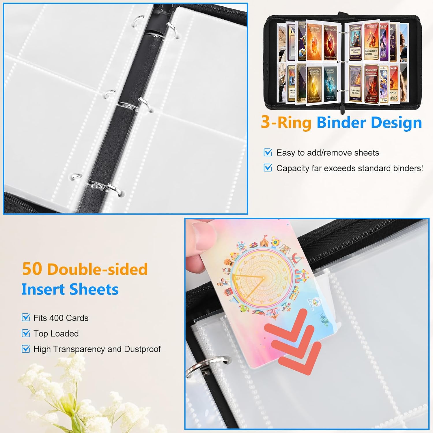 Thumbnail 3 de Trading Card Binder 400 Pockets - PU Leather Card Collection Folder with Zip and Wrist Strap