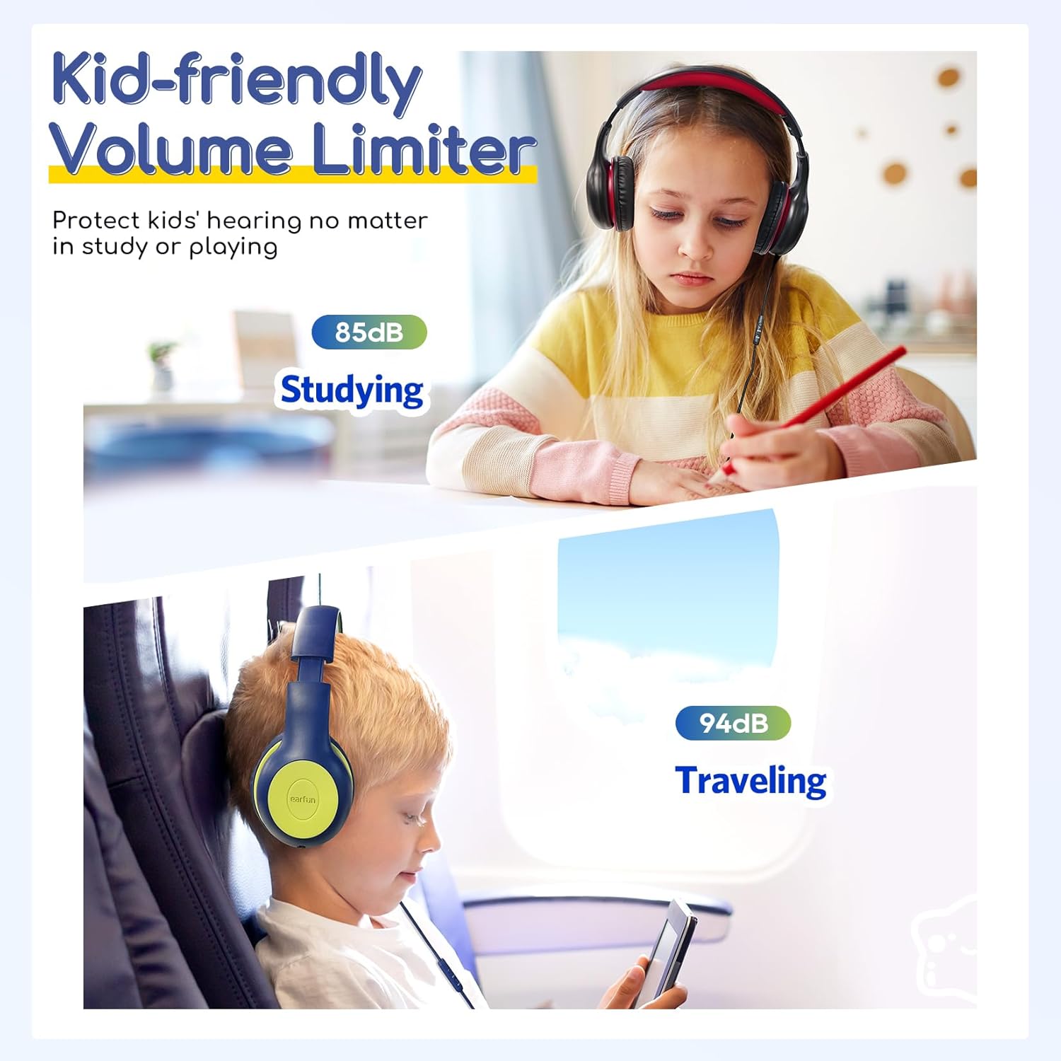 Detalle de EarFun Kinder Kopfhörer – kabelgebundene Over-Ear‑Kopfhörer mit Lautstärkebegrenzung (85/94 dB) für Schule, Tablet und Reisen