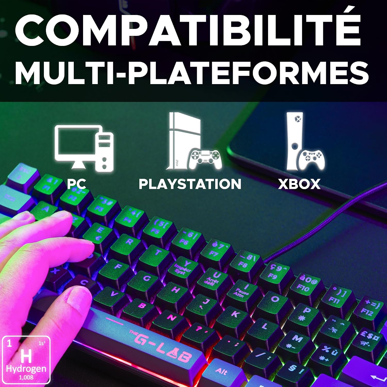 Detalle 1 de THE G-LAB Keyz Hydrogen – klawiatura gamingowa 60% półmechaniczna, AZERTY, RGB