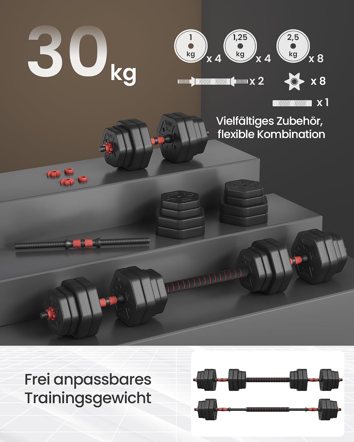 Detalle de SONGMICS Hantelset – Hexagonalschalensatz mit Verbindungsstange, 30 kg, Kurzhanteln & Langhantel inklusive