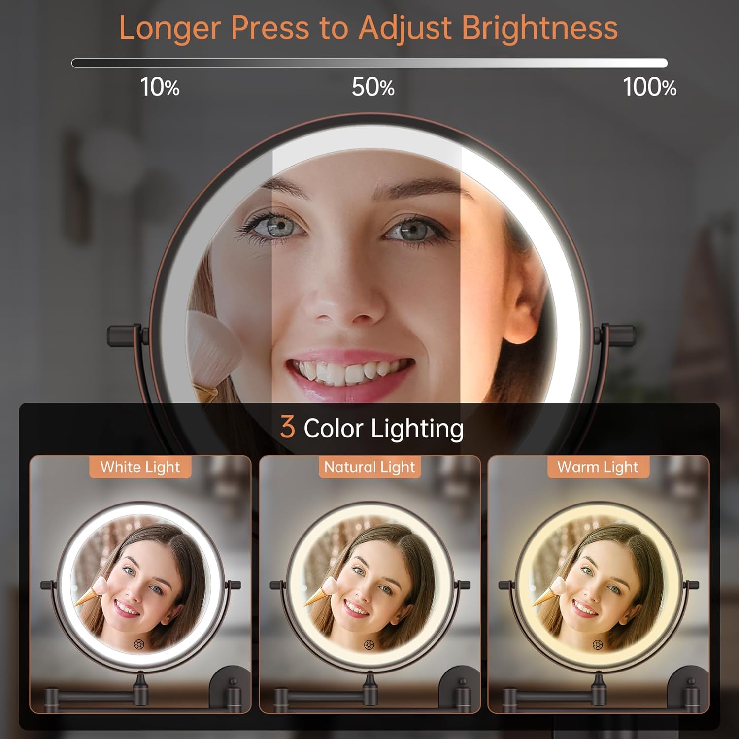 Detalle 2 de 5000mAh Rechargeable Wall Mounted Lighted Makeup Vanity Mirror with 1X/30X Magnification in Antique Bronze