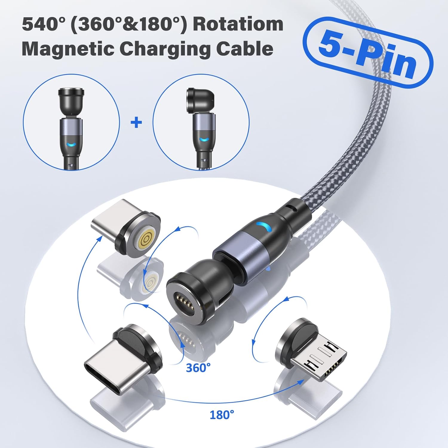 Thumbnail 2 de TUNKIA 5Pin Magnet Ladekabel – 3‑in‑1 magnetisches USB‑Kabel (4 Stück, 0,5–3 m) mit 360°/180° drehbarem Kopf