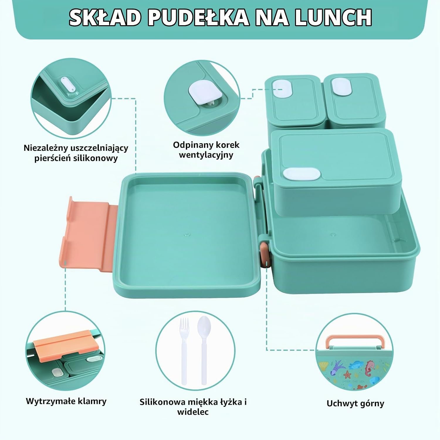 Detalle de lompyeu Pudełko śniadaniowe dla dzieci 1200 ml, zestaw bento z przegródkami