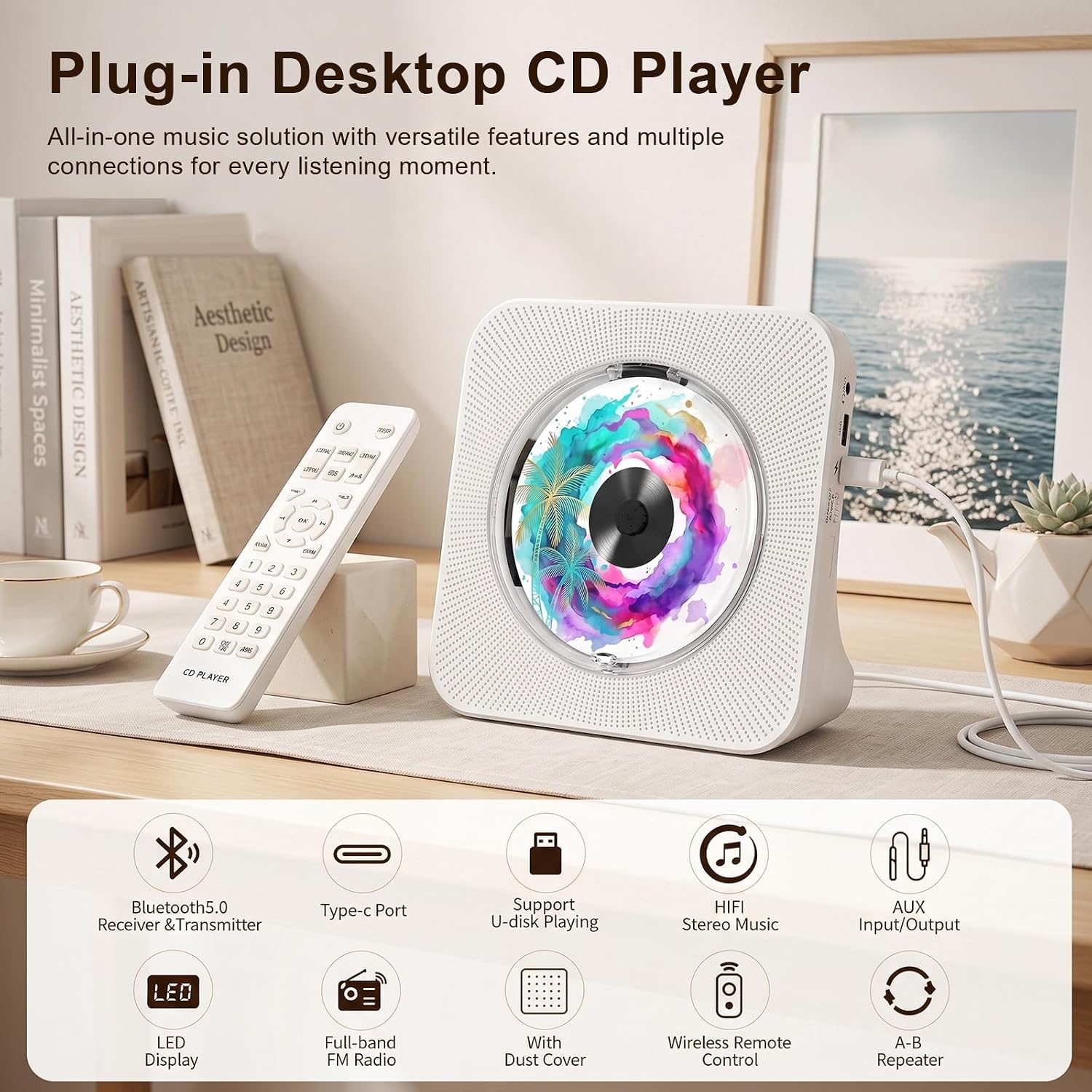 Thumbnail 1 de Gueray Portable CD Player with Bluetooth: Desktop Hi‑Fi CD Player with Built-In Dual Speakers