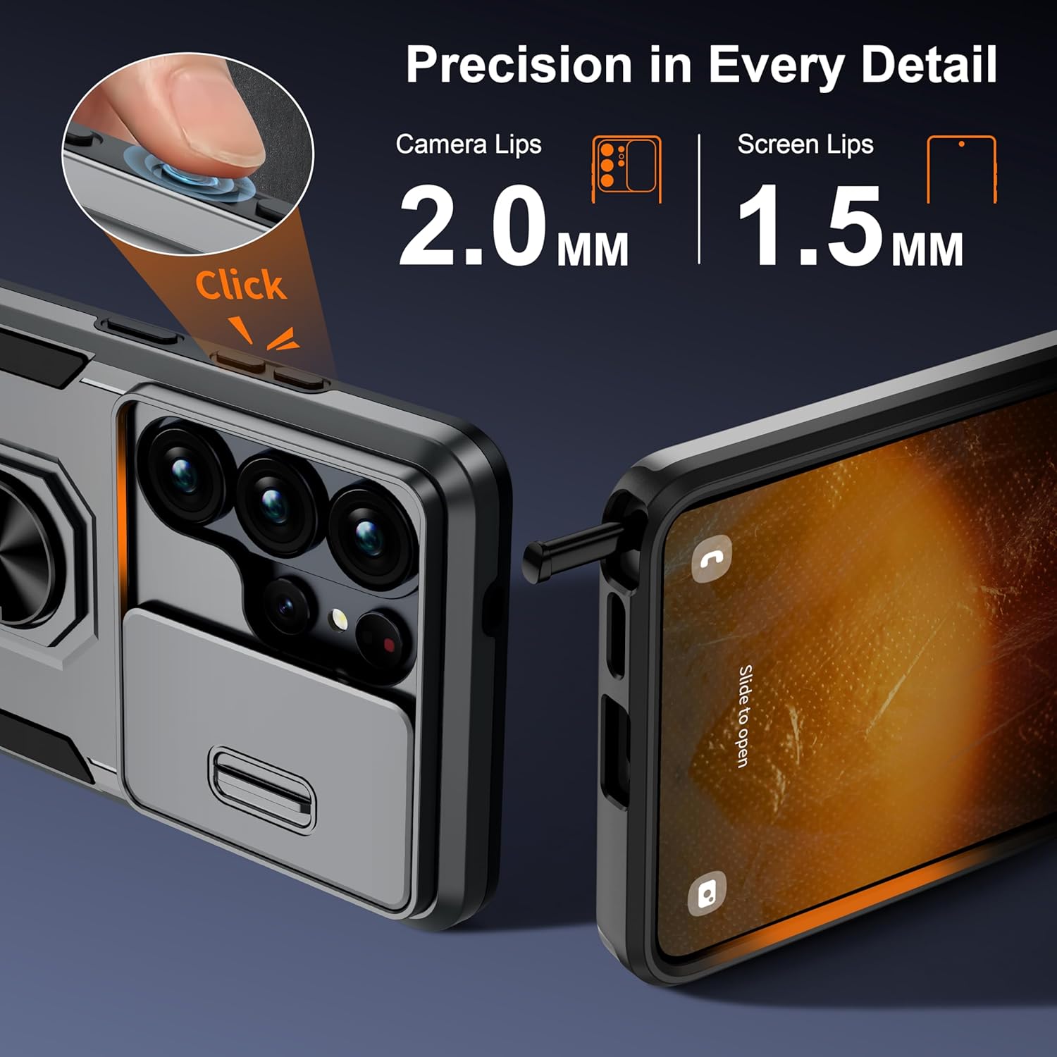 Thumbnail 3 de AMILIFECASES for Samsung Galaxy S26 Ultra case with slide camera cover, rotatable kickstand and 9H screen protector (Gray)