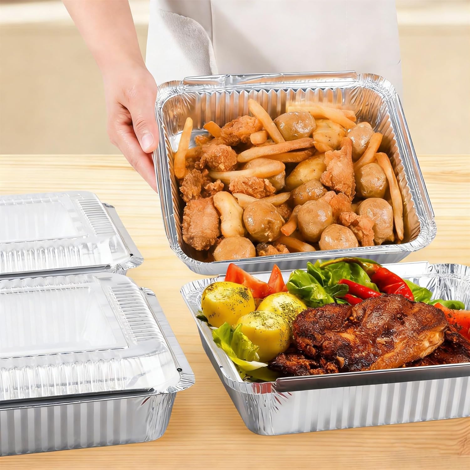 Detalle de Benestanti 40 Pack 8x8 Inch Aluminum Pans with Clear Lids