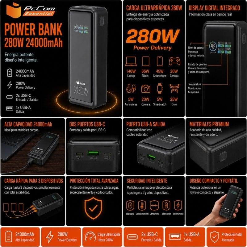 Detalle de PcCom Essential Powerbank 24.000mAh PD 280W con Pantalla Digital – Negro