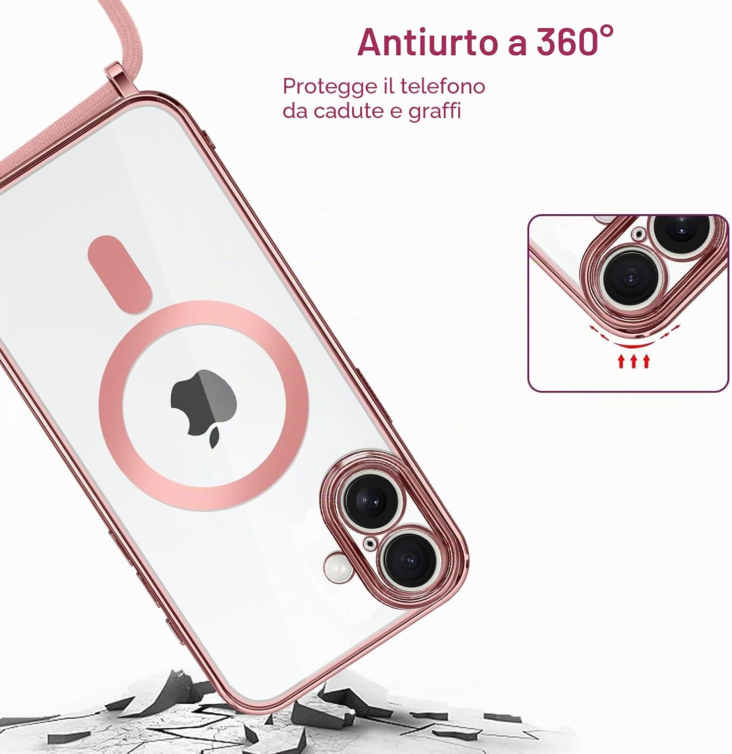 Detalle de Oelrstfe Cover Magnetica Trasparente con Cordino per iPhone 16 – Custodia sottile in silicone con laccio regolabile e magnetico integrato