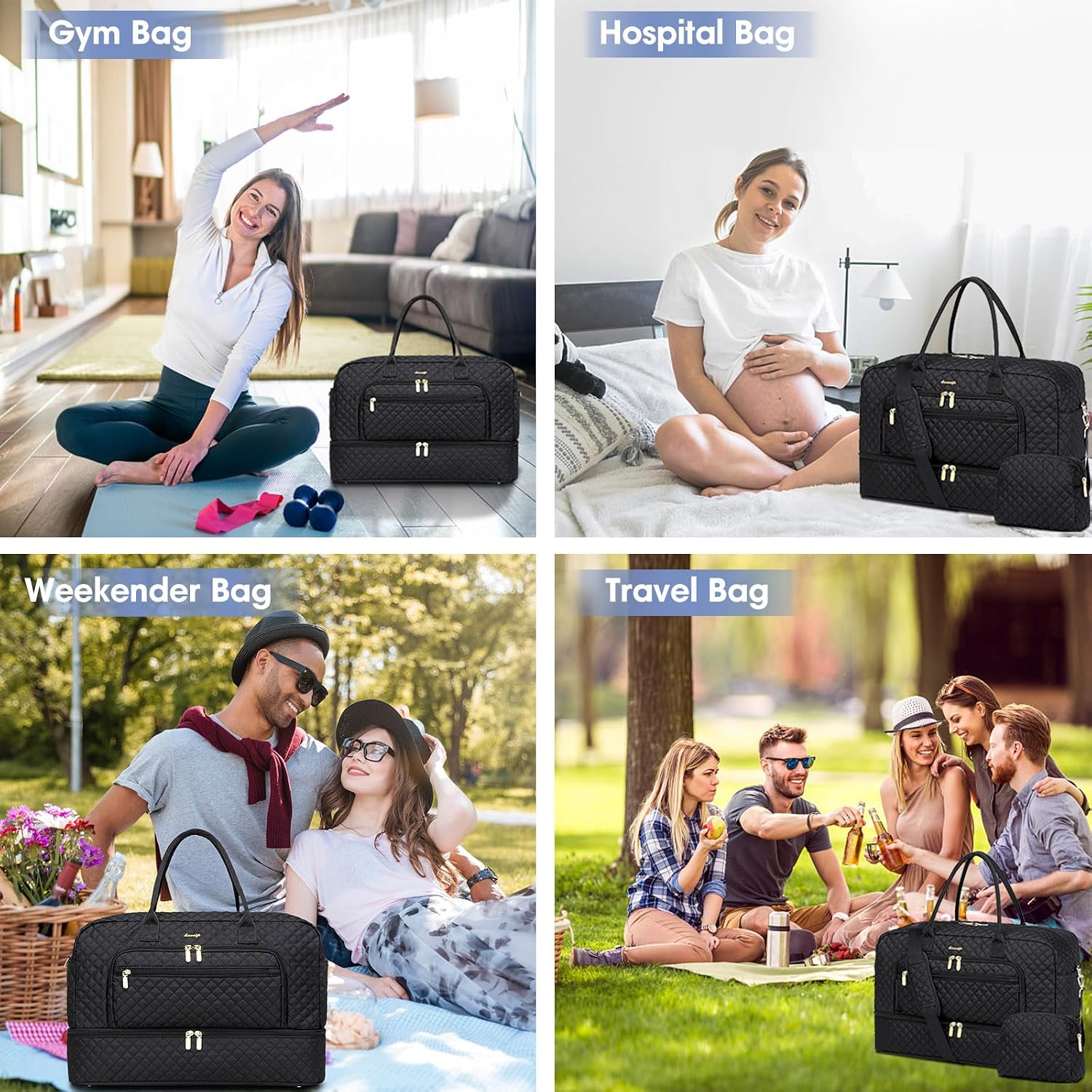 Detalle de LUOCIP Large Women Travel Duffle Bag with Wet Toiletry Pocket and Shoe Compartment (Black)